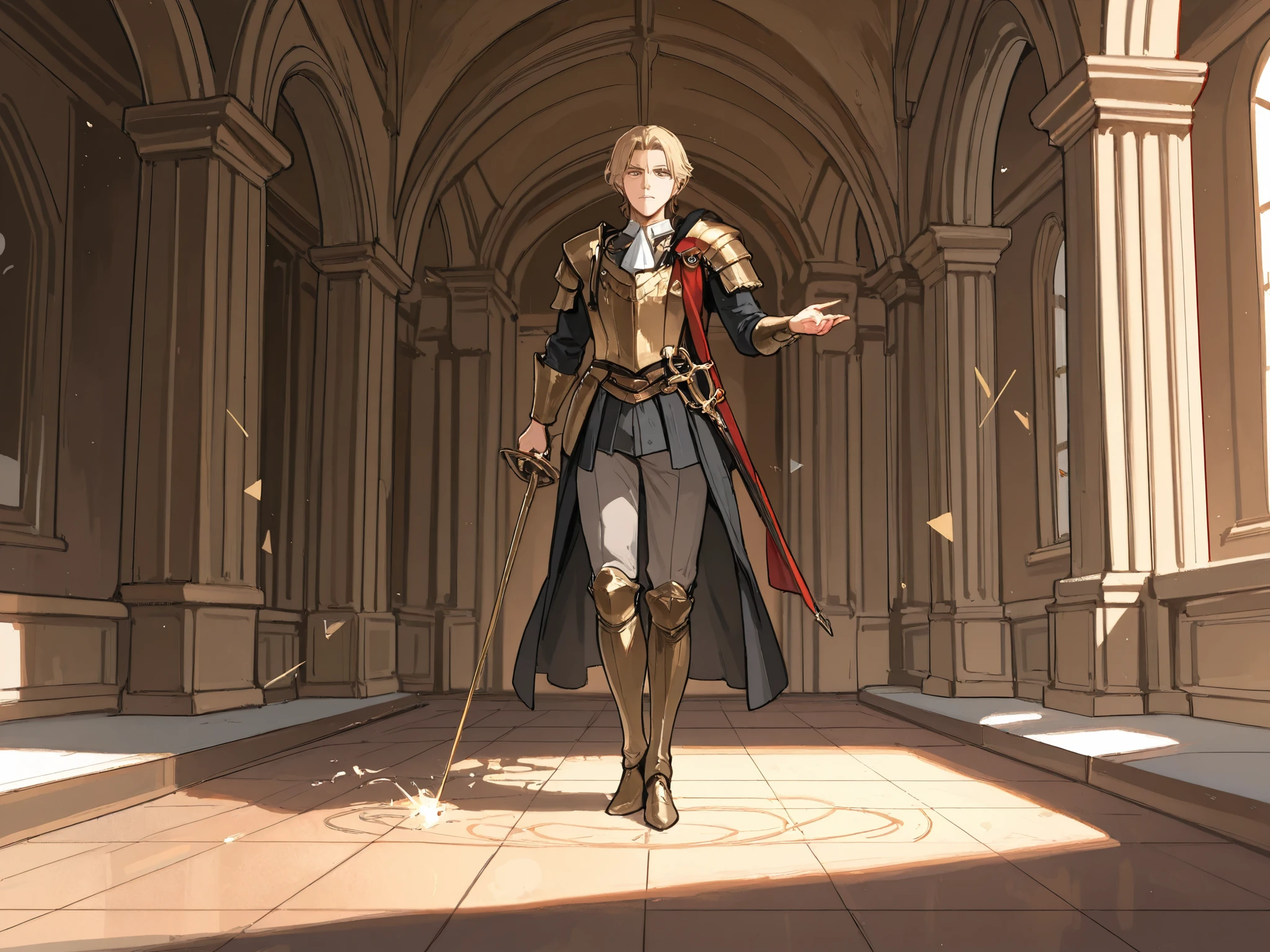 (Masterpiece, best quality, detailed anime illustration), cinematic, atmospheric, Renaissance Italy setting. Achille Marozzo, the Master of Defense. A dignified man in his 40s-50s with a proud, sharp face and an expression of calm authority. He wears elegant, refined Renaissance clothing (doublet, hose) in deep crimson and gold, suitable for dueling, not battlefield armor. He stands in the perfect, textbook-perfect "Guardia di Terza" stance in a sunlit, ornate courtyard or a hall with geometric marble floors. He holds a slender, beautiful rapier in one hand, and a parrying dagger (stiletto) in the other, their points tracing invisible lines in the air. Semi-transparent, golden geometric shapes (circles, triangles, lines) and illustrations from his treatise "Opera Nova" float elegantly around him, mapping out the angles and lines of attack. The vibe is supreme confidence, intellectual superiority, and deadly elegance.
--ar 2:3 --niji 6