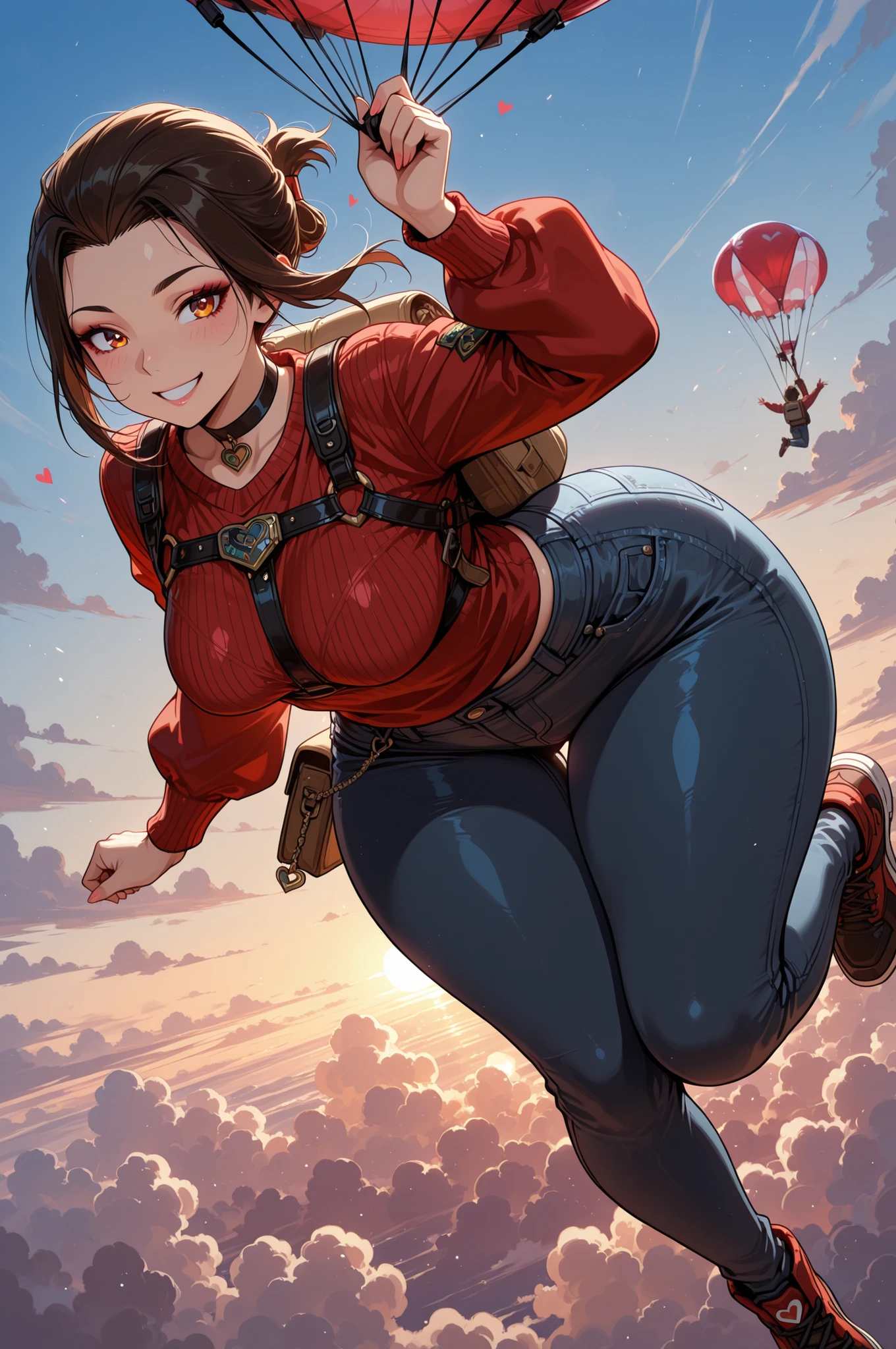  Azula , amber eyes . wavy dark brown hair strands above her shoulders. short hair. small saggy breasts. huge hips. choker. |  masterpiece, best quality, highres, absurdres, best quality, 1girl, . parachutesky, sky, (clouds:1.1), smile, suspended, harness, see-through, from away, ((HEART SHAPED PARACHUTE, PARACHUTE FOCUS)), sweater, jeans
