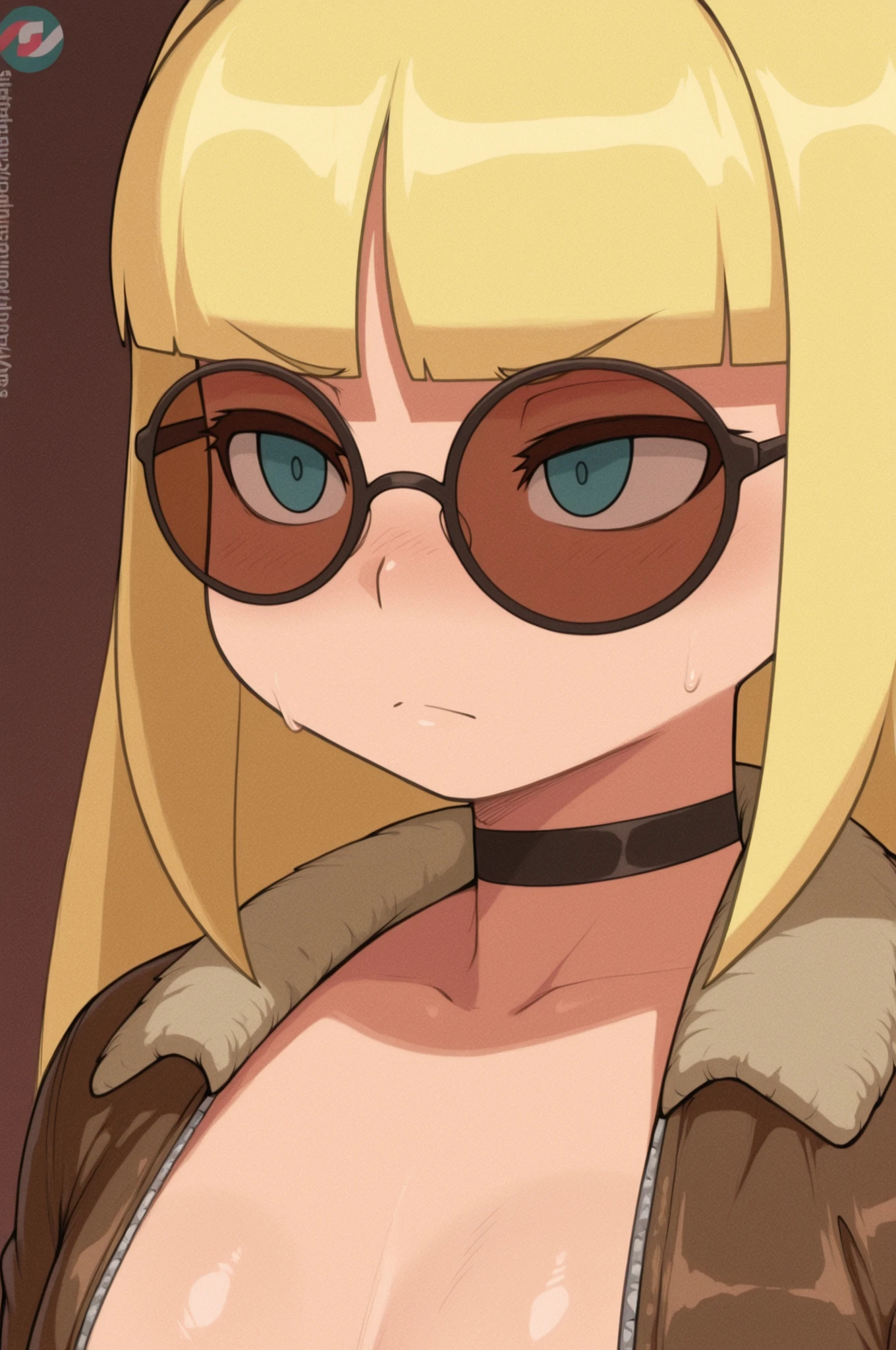 Pacifica Northwest, small breasts, bbw, huge hips, long hair, blonde hair, choker , | best quality, amazing quality, masterpiece, anime, 1girl, portrait, close-up, stylish glasses, sunglasses, bomber jacket