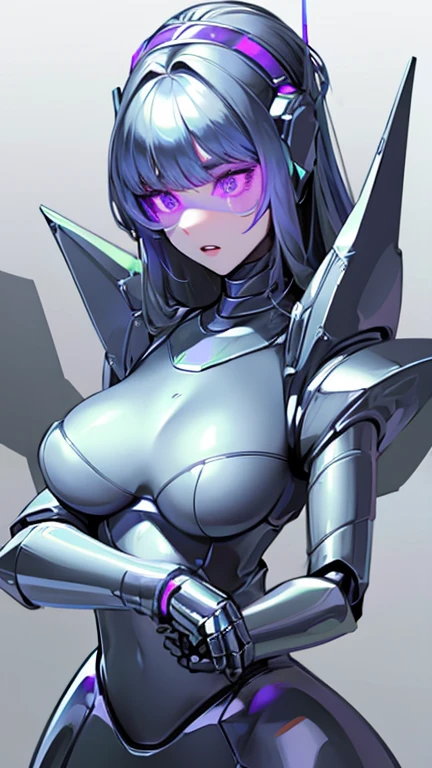 empty eyes,robotization,woman ,big bust,Robot Joint ,Metal skin,Black Suit,long hair,a suit that covers the whole body
