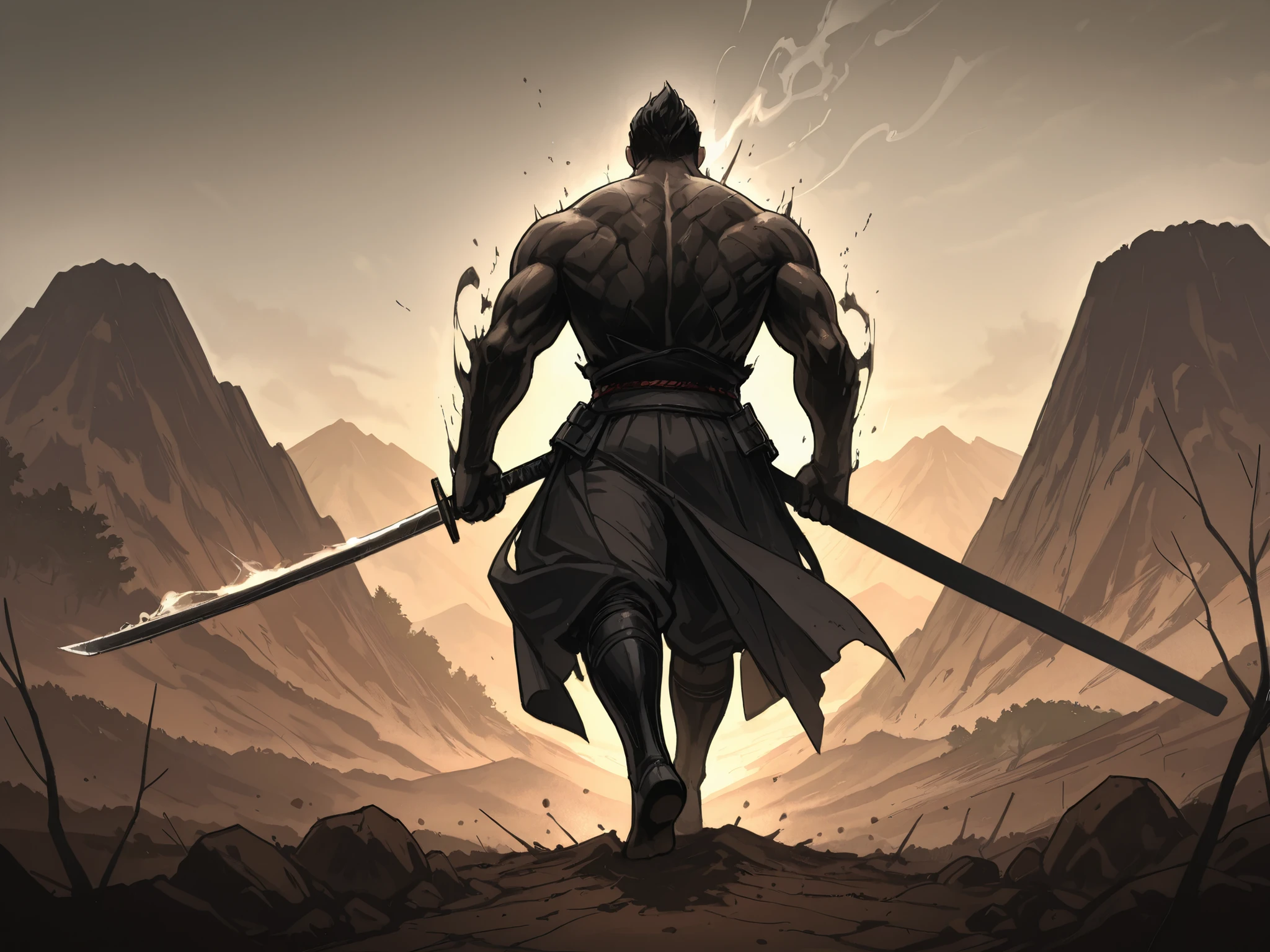 (Masterpiece, best quality, detailed anime illustration), cinematic, atmospheric, Sengoku period Japan. Itō Ittōsai, the Master of One Cut. A mountain of a man in his 40s-50s, with a broad, impassive face and eyes that hold a deep, unsettling stillness. His massive, muscular frame is clad in simple, worn traveling clothes, no armor. He stands with his feet rooted to the ground like ancient trees, holding an unusually heavy and thick katana in a high, committed stance (Jōdan-no-kamae). The blade itself seems to absorb the light, feeling impossibly dense. The background is a stark, wind-swept mountain peak or a simple, empty dirt clearing. The air around his blade is visibly distorted, heavy with pressure, and the ground at his feet shows a web of faint cracks. A single, massive, ghostly image of his sword—a "afterimage of intent"—overlays the real one, showing the final, unstoppable arc of his perfect cut. The vibe is immovable object meeting unstoppable force, overwhelming certainty, and serene, crushing power.

--ar 2:3 --niji 6