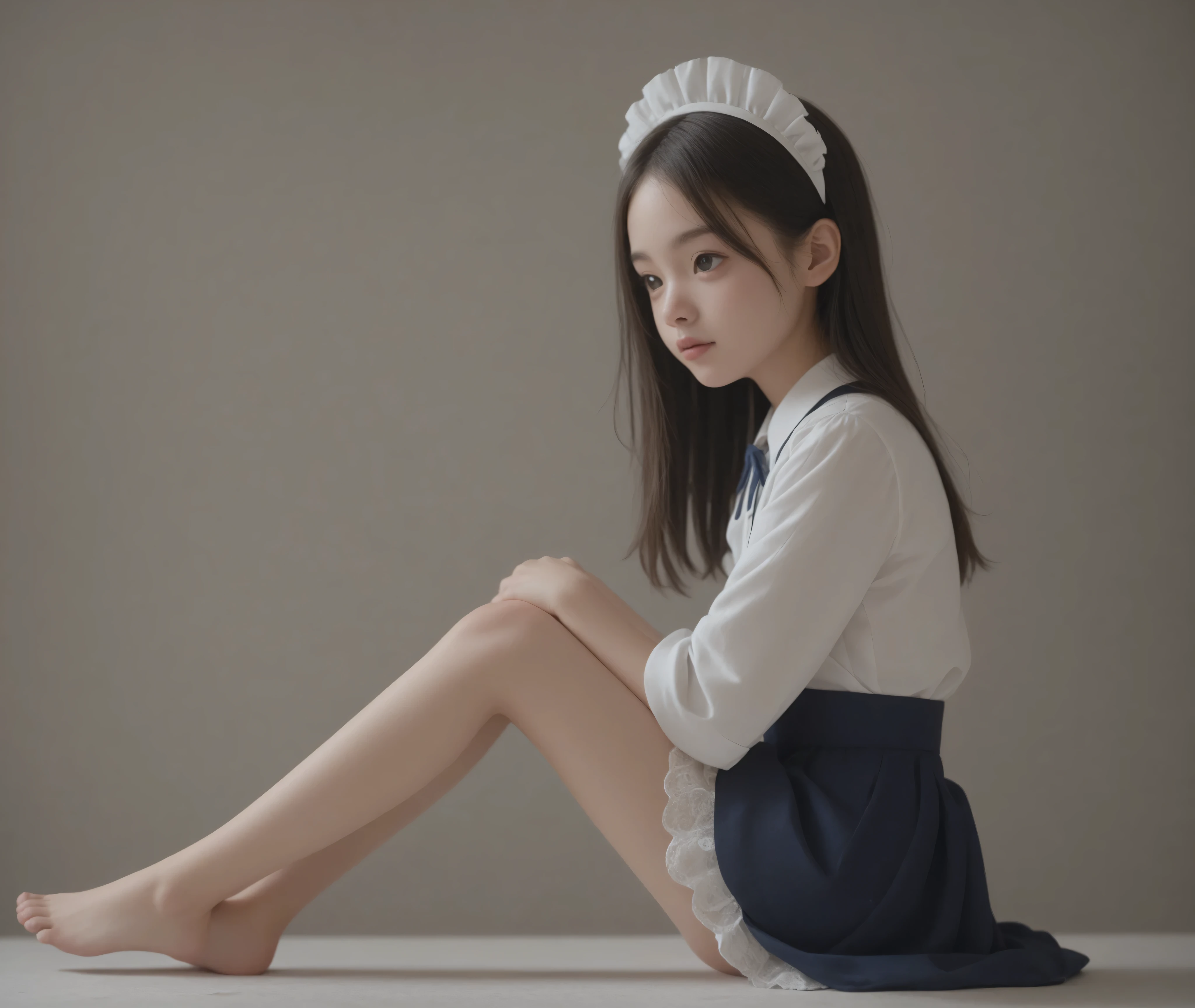 1 Girl、maids、(Smile Yang:0.3)、is looking here,sitting、 Thin tights 、From the side、open both legs,(younger:1.5),(skinny:1.1),japanese