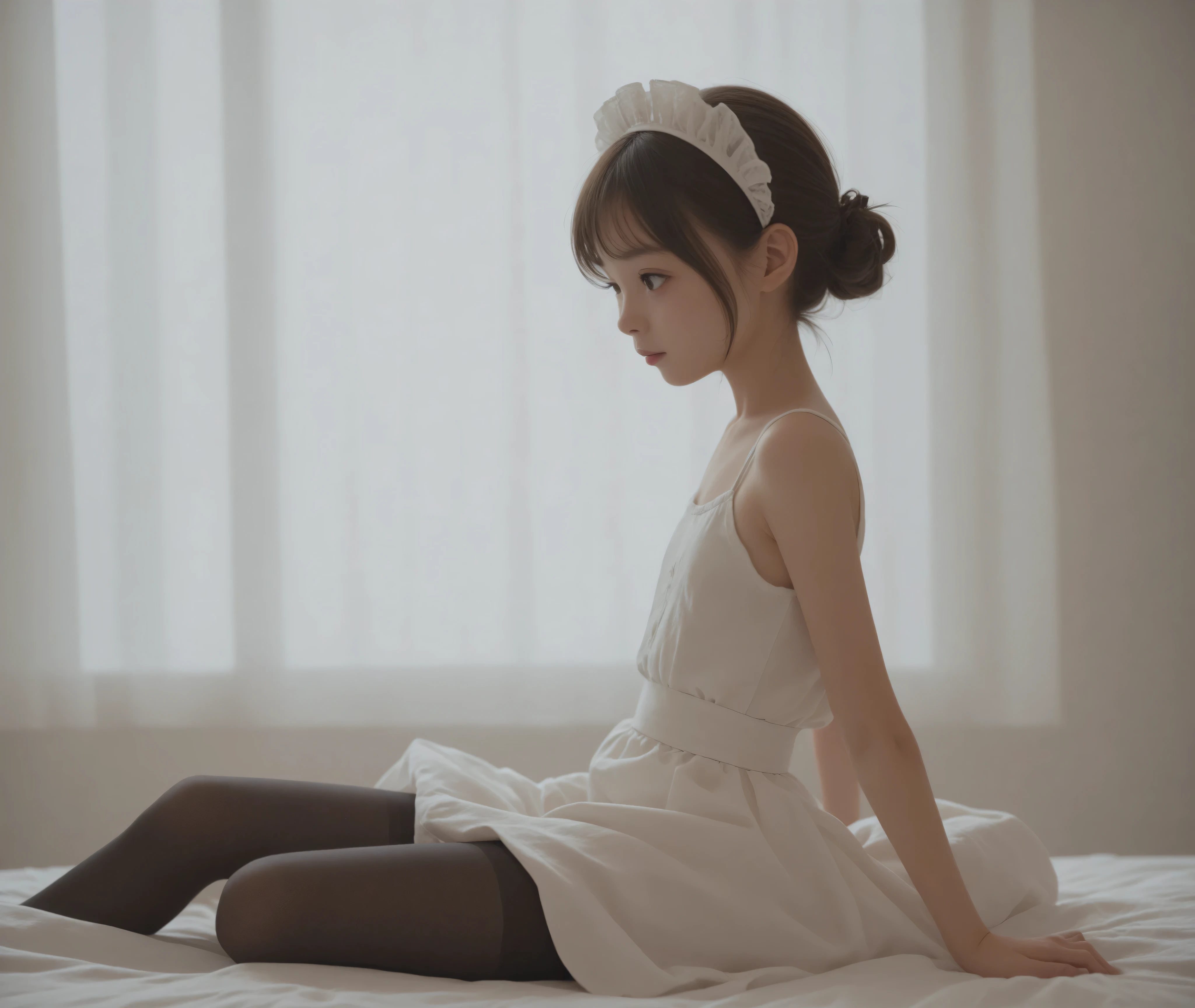 1 Girl、maids、(Smile Yang:0.3)、is looking here,sitting、 Thin tights 、From the side、open both legs,(younger:1.5),(skinny:1.1),japanese