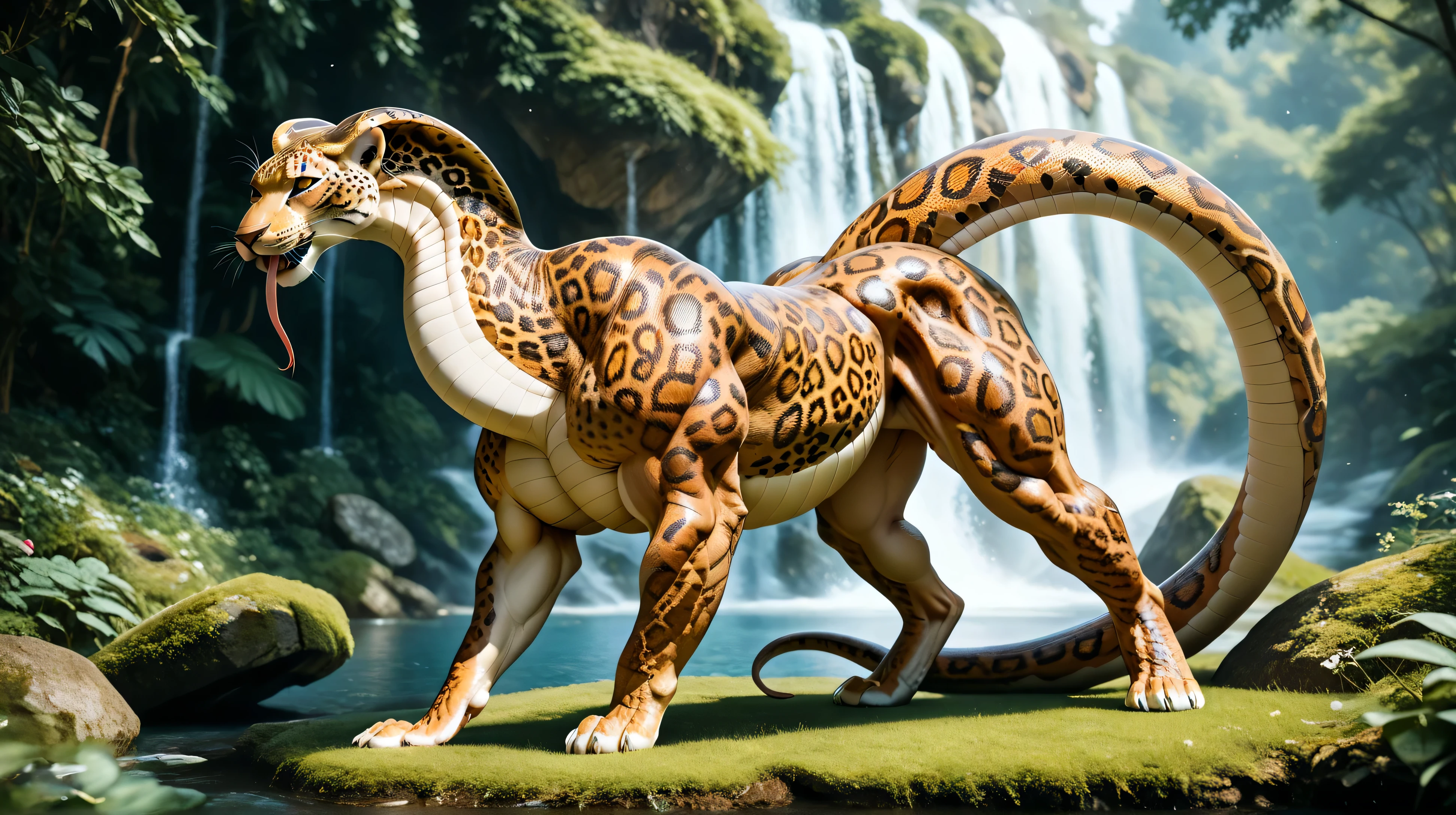 The serpopard is a hybrid fantasy creature, bestehend aus Schlange und Leopard,with the powerful muscular leopard body and the Leopard head both the muscular legs, musculare Body, the long wide muscular neck and tail of a snake, long muscular neck, long tail, the tail is as wide as the body itself beginning to become long and narrow, fat snake tail, steigender Schwanz, ganz Ansicht, seitansicht, wild, Feral