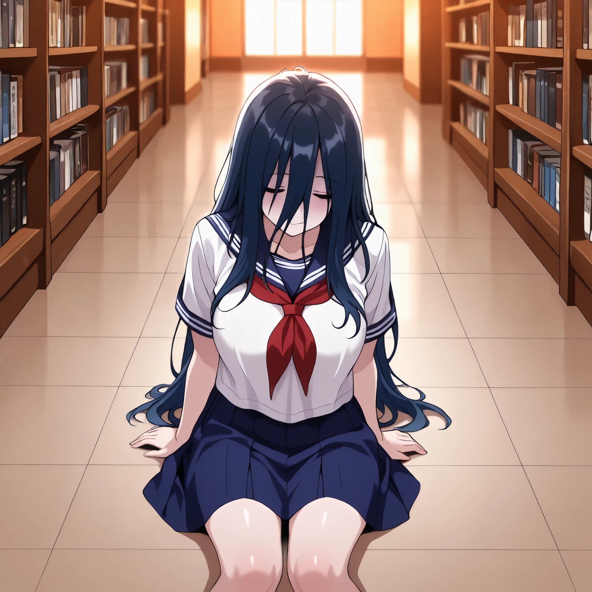 Masterpiece, top quality, 1 person, Sadako, eyes closed, navy blue sailor uniform, navy blue skirt, short sleeves, library, sitting on the floor, dusk