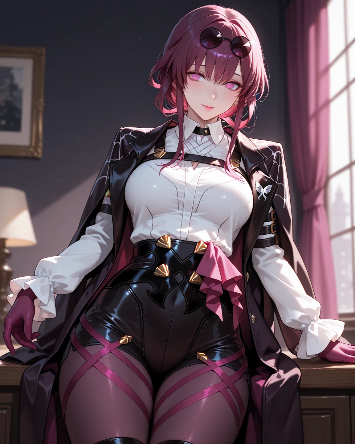 masterpiece, best quality, ultra detailed, dynamic angle, beautiful woman, 1 woman, older woman, kafka, beauty, perfect ???????, perfect eyes, perfect fingers, perfect hands, anime girl, purple gloves,  ???? uniform, tight, thighs, purple hair, seductive smile, room background, soft, seductive, hot, spicy,