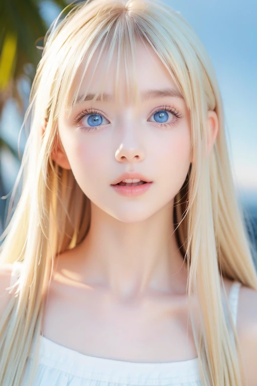Crystal clear and shiny skin、Cute  13 year old with beautiful face、Very large, beautiful, bright, pale sky blue eyes、Very big eyes、Super long straight hair that shines in the light、Long, silky bangs that cover her cute eyes、Hair that hides  features、too long bangs、 and cute young beauty、Super long natural young blonde hair with sparkling highlights Blonde over one eye Blonde over one eye、Blonde hair between the eyes