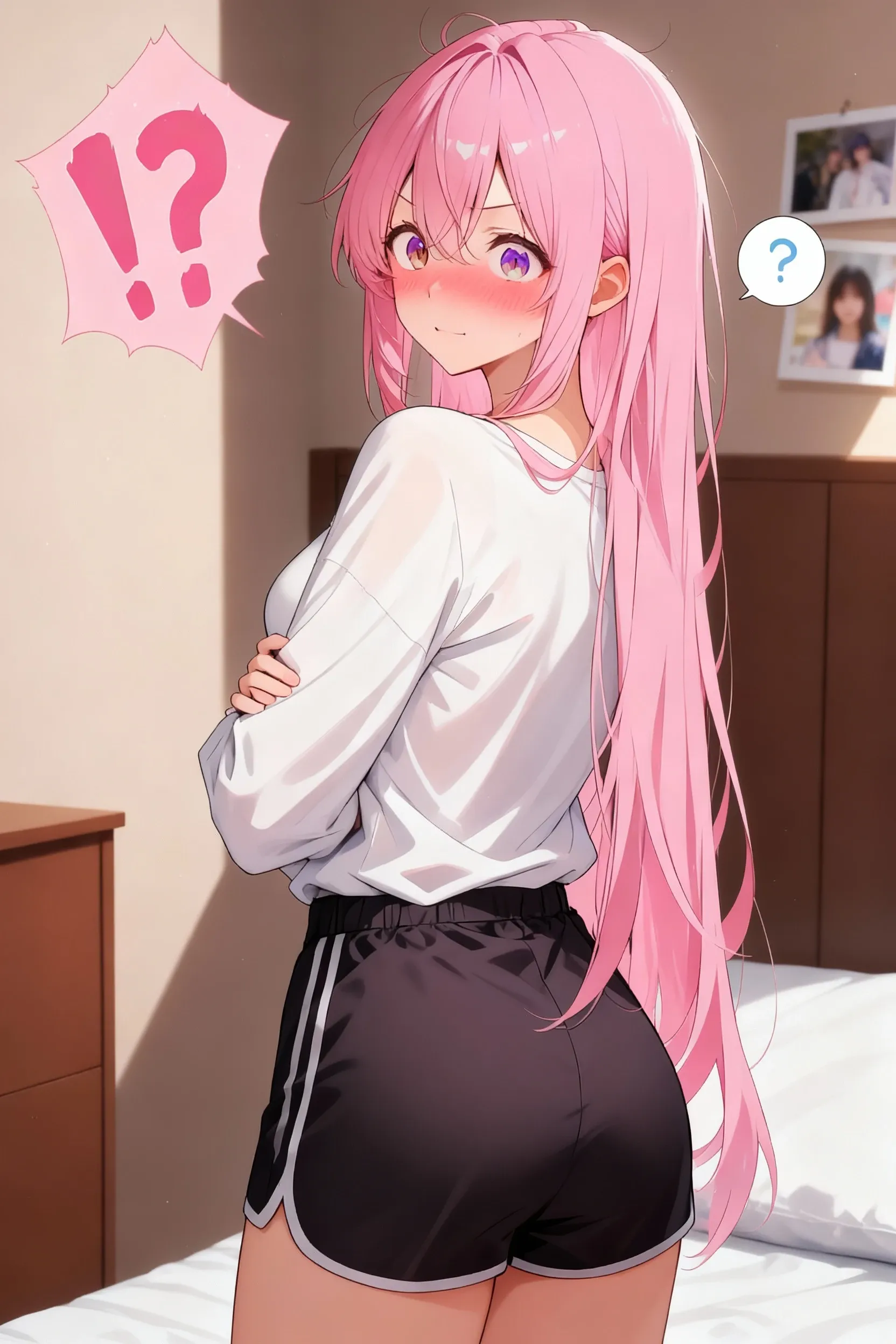 long light blue fur，deep red pink eyes，Hair up with two pink scrunchies.，Short double ponytail，Qi bangs，There are two long hair curtains on both sides.，Wearing a white sailor uniform.，Short skirt，Raise your bangs with hairpins，The sleeves are long，Fresh environment，warm color palette，The eyes have God.，to emphasize，Masterpiece，rubor rubor cuerpo completo Short skirt tableada medias largas blancas 