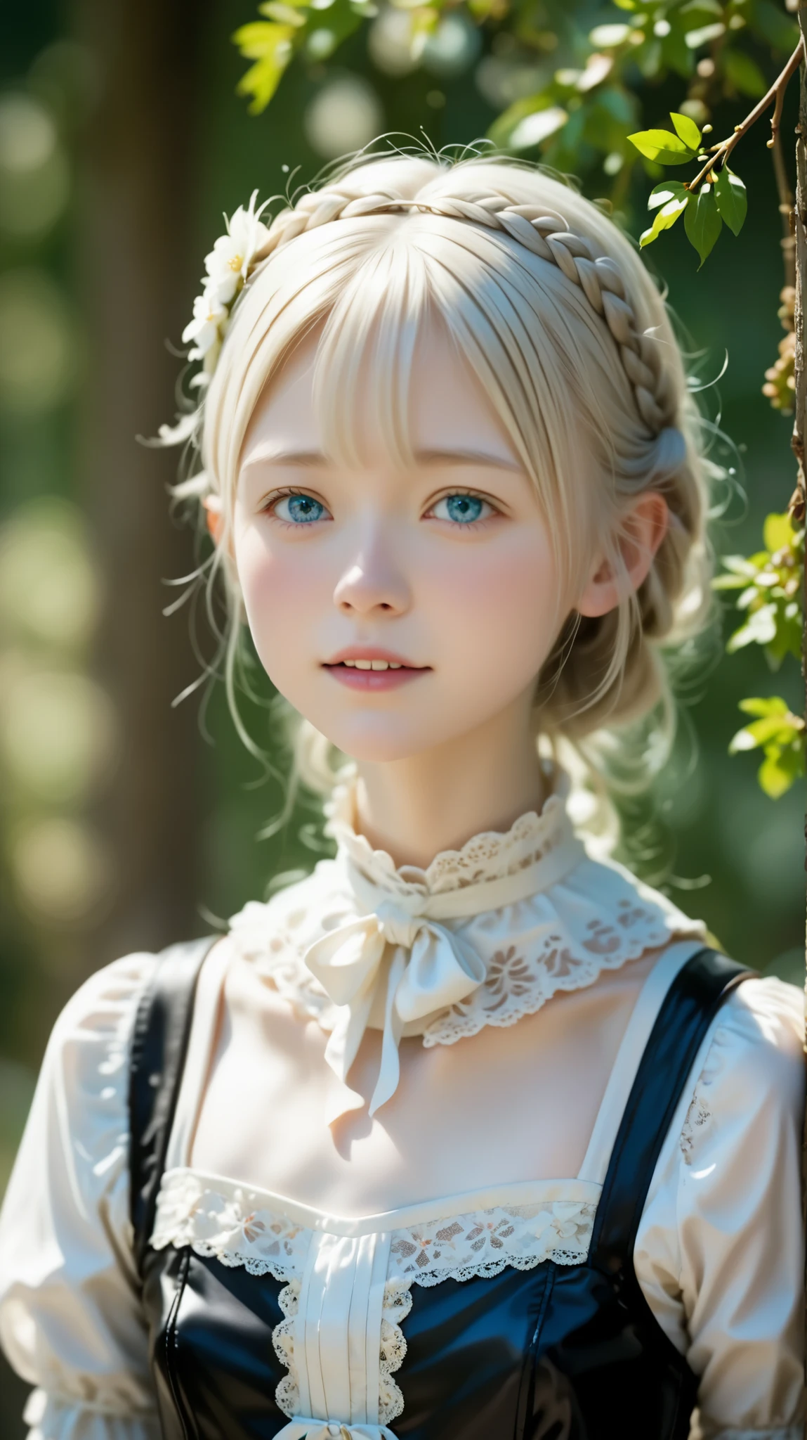   Highest Quality 、masterpiece、 original pictures、  film grain 、８ｋ、    ultra fine  、(((cowboy shot:1.7)))、  Face direction {X} She's a very cute girl 、Albino Girl、light blue eyes、with highly detailed eyes and faces、 gray hair:1.37、 French Braids :1.48、 Blue and white skin、Light pigmented eyes、  gothic fashion 、  black costume