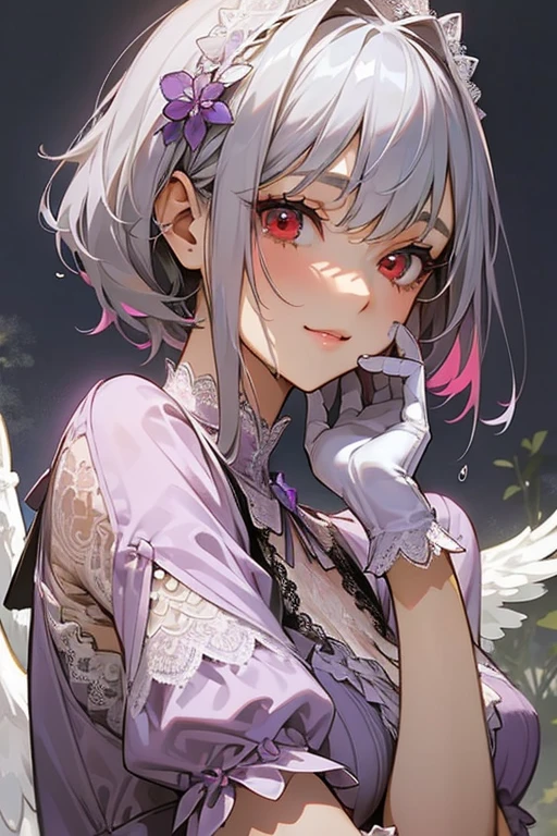 (​masterpiece),(Top image quality),hight resolution,(Dainty and cute),(ighly detailed), 1girl, 独奏,illustratio,Fantasia,Angel Girl,Simple Angel Wings,Short gray hair,Cute outfit with pink ruffles,Heart eye,on the beds,Sitting and looking up,Black headband,A little 