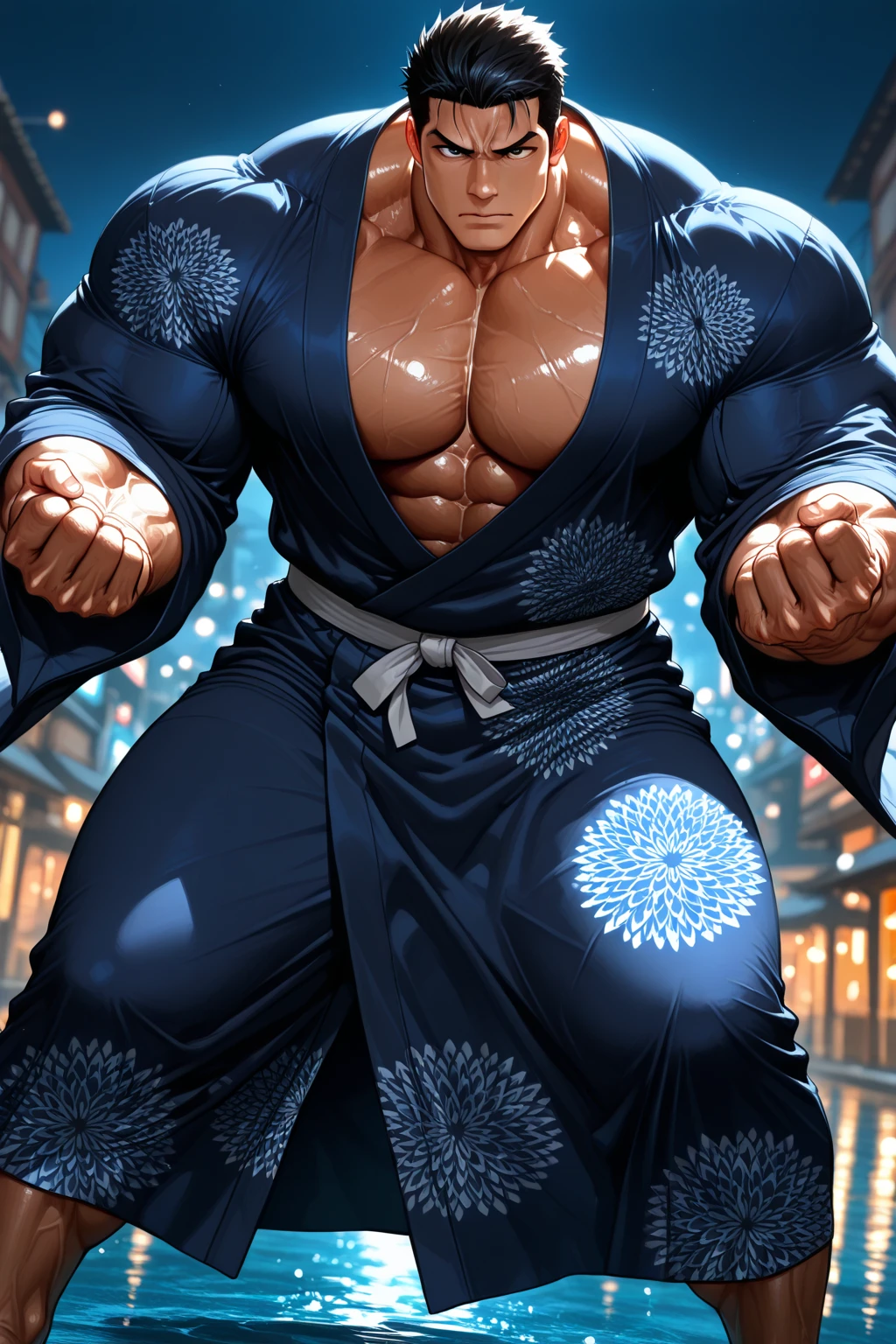 score_9, score_8_up, score_7_up, score_6_up, perfect anatomy, perfect proportions, best quality, masterpiece, high_resolution, high quality, aesthetic, absurdres, (male focus), solo male, adult, mature, masculine, manly, handsome, charming, alluring, cowboy shot, dutch angle, source_game \Live A Hero\), official style \(Live A Hero\), Nessen Mochizukin, LAHNessen, red eyes, black hair, short hair, sideburns, facial hair, chinstrap beard, jawline beard, pointy ears, fangs, horns, broken horn, LAHNessen_outfit01, sansuke outfit, Japanese clothes, blue headband, blue happi, sleeves rolled up to shoulder, red tasuki \(japanese clothing\), bandaged forearms, bandaged hands, red girdle, white fundoshi, rokushaku fundoshi, legs armor, black tabi\(japanese footwear\), waraji\(japanese straw sandals\), straw sandals, wrist beads,