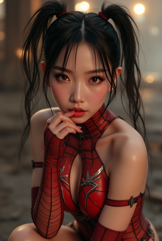 A beautiful woman with long red hair wearing a golden Spider-Man outfit