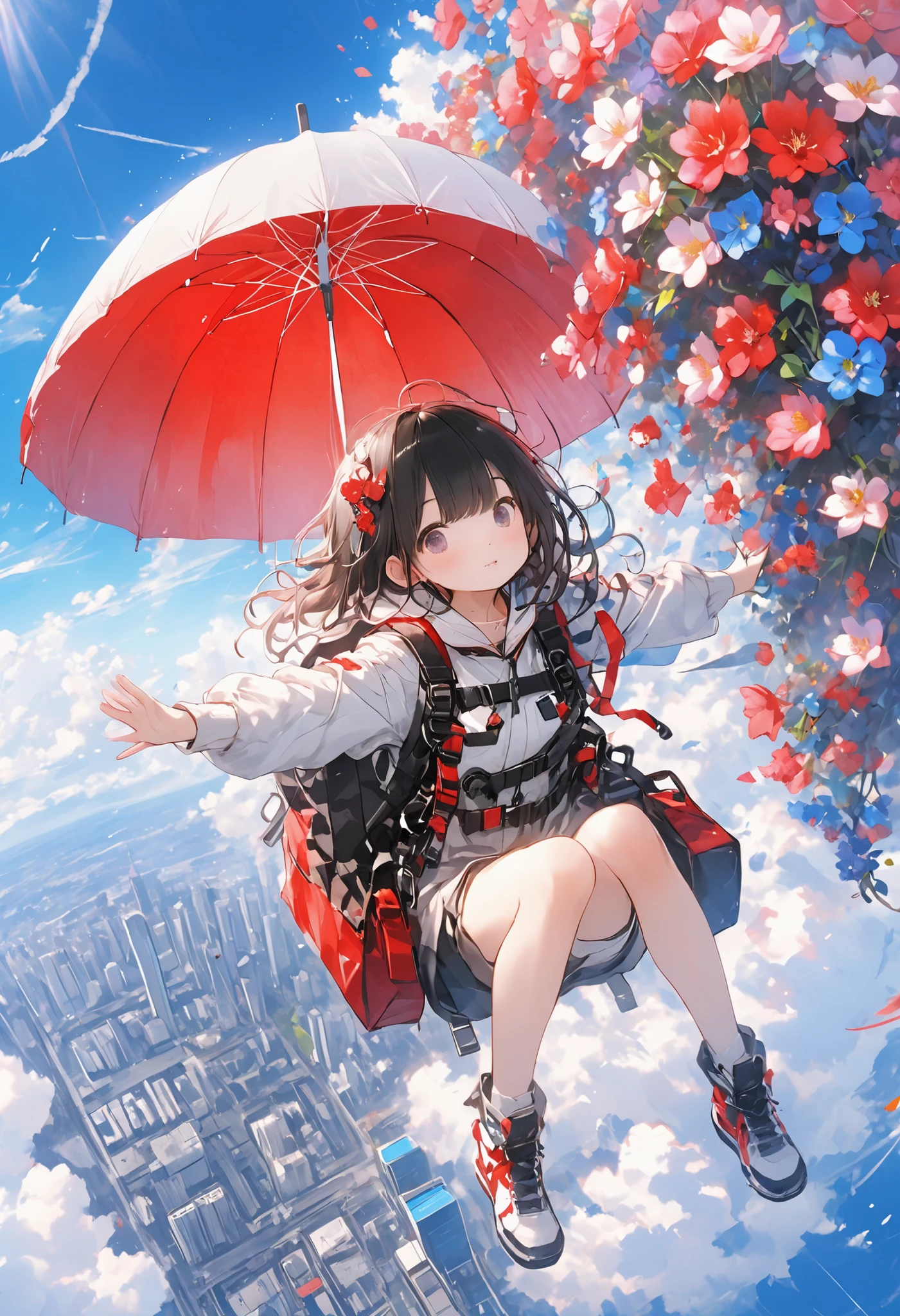 Parachute Day、Vast sky and colorful umbrella flowers、A moment of suspense between free fall and graceful landing