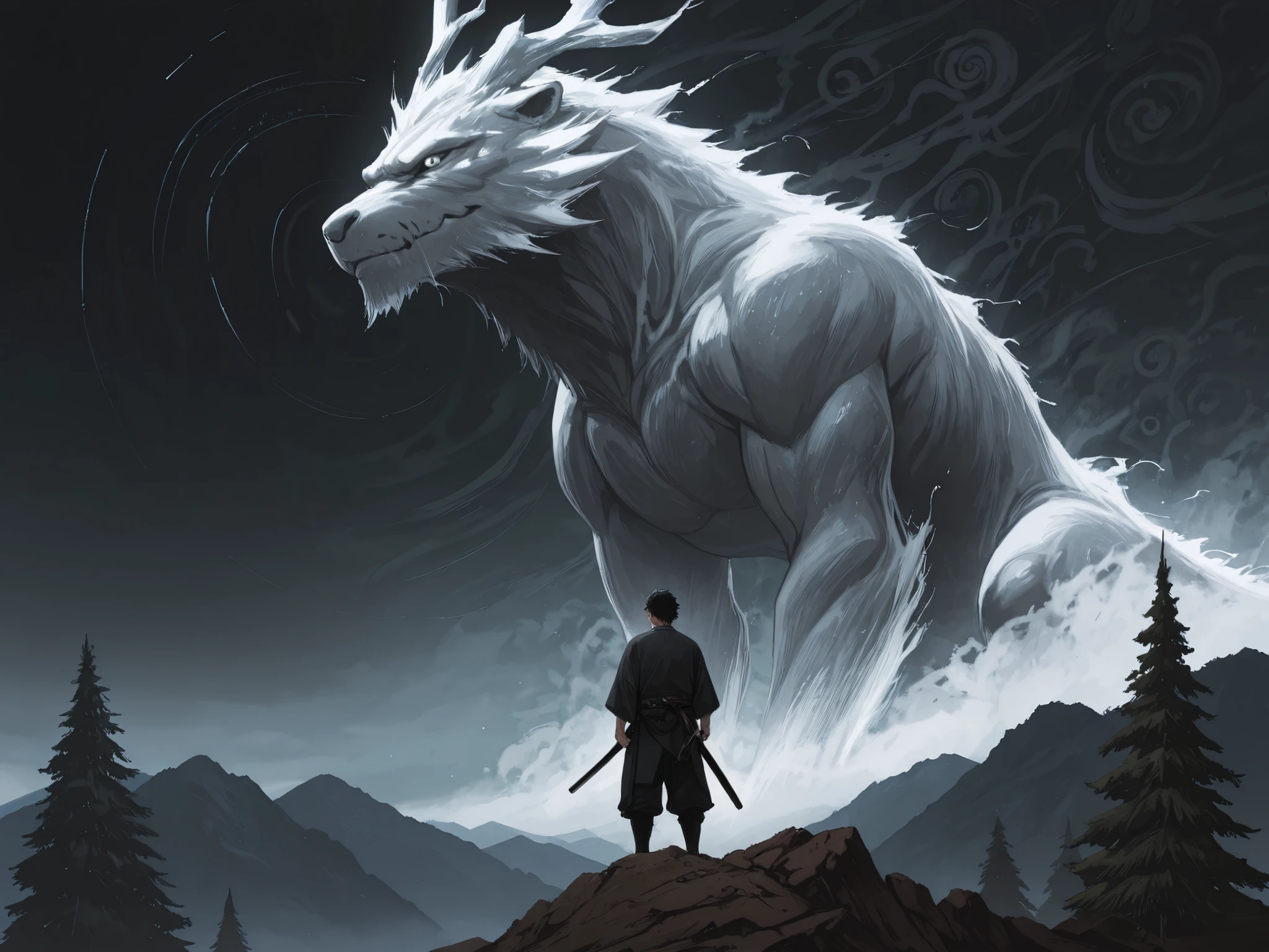 (Masterpiece, best quality, detailed anime illustration, key visual), cinematic, atmospheric, Sengoku period Japan. Miyamoto Musashi, the Vagabond Swordsman. A rugged, solitary man in his 30s with an intense, calm gaze. Unkempt, shoulder-length black hair, a few days of stubble, worn and dusty traveler's clothes. He stands under a gnarled pine tree in a misty, pre-dawn landscape (mountains or coast). Holds a long wooden bokuto naturally. His two swords (katana and wakizashi) are tucked in his belt. Semi-transparent, ghostly brushstrokes of black ink (like from his own paintings) swirl around him, forming tigers, dragons, or abstract circles (ensō). The vibe is profound solitude, natural power, and serene lethality. No dramatic pose, only absolute readiness and a connection to nature.
--ar 2:3 --niji 6