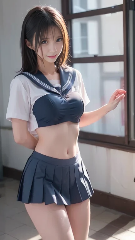 top-quality、​masterpiece、Photorealsitic:1.5、独奏、Beautiful schoolgirl、age19、Schoolgirl Uniform、skinny、((Medium Boob:1.5、underboob))、(Visible lower milk、Uniform with visible ribs and navel)、sitting on 、skinny、looking at the viewers、Blushing、school classrooms、