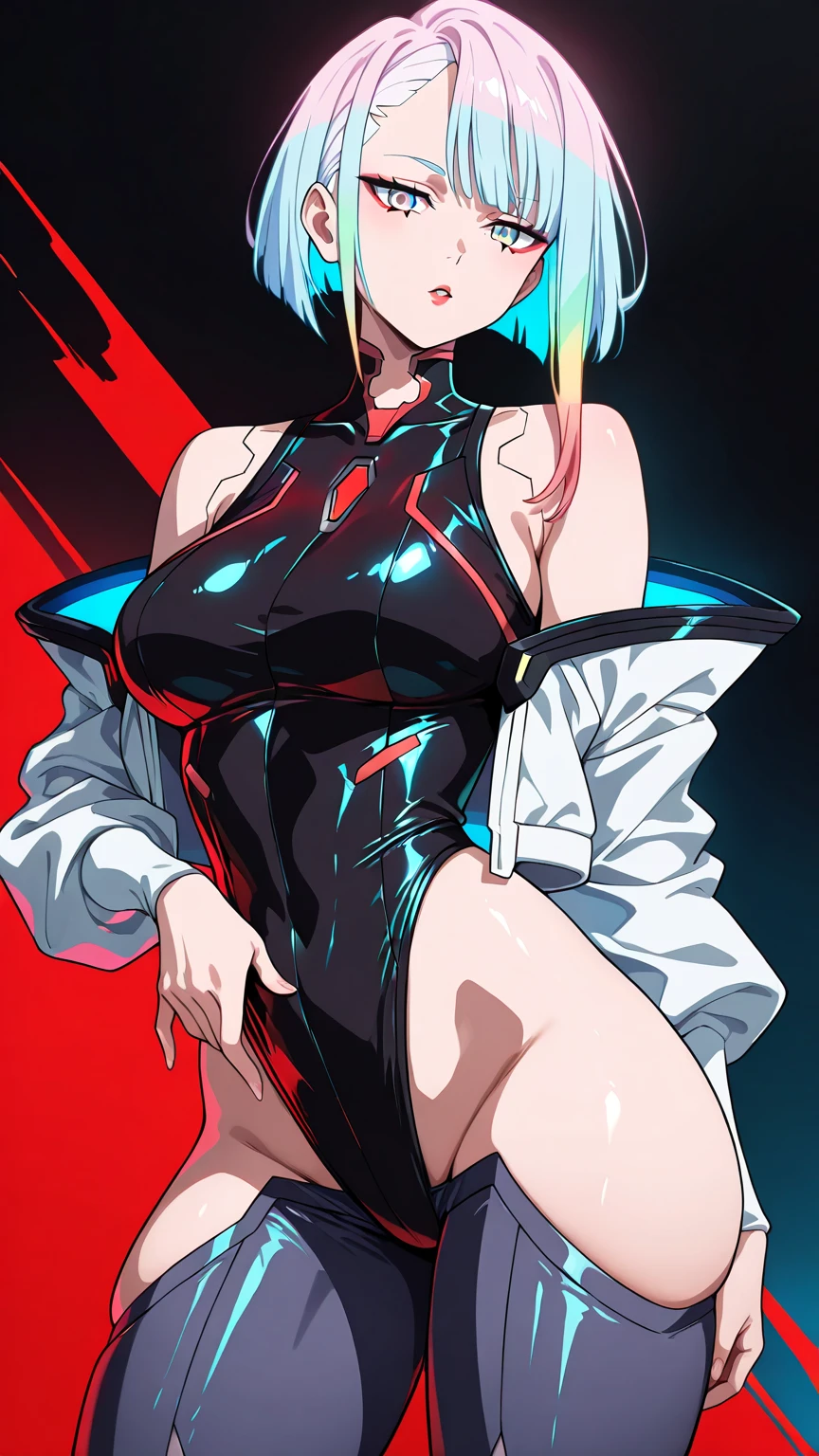 masterpiece, highest quality, 1 girl, Are standing, looking at the viewer, blue eyes, closed mouth, white background, (Urgent 1:0.7) ,blonde、(masterpiece),(highest quality:1.0), (ultra high resolution:1.0), Detail view, 8K, anime, masterpiece、provocative look　wavy hair　very ???????????　Fair skin　very fine eyes　show off your ?????、,揺れる胸 太もも上部 apstyle3 apstylemasterpiecehighest qualityの詳細な目,Half-body photo of a cute and attractive woman in a stylish cafe with many windows ::3 trends, Modern shape - tight-fitting clothes that highlight her perfect body ::2 Photo taken using Canon 6D Mark II and f 85mm lens/ 4、ISO100 ::3 glamor shot, Awards - winning photos, sharp focus, dynamic lighting ::1,A torn body suit grazes my ?????, crush and transform.