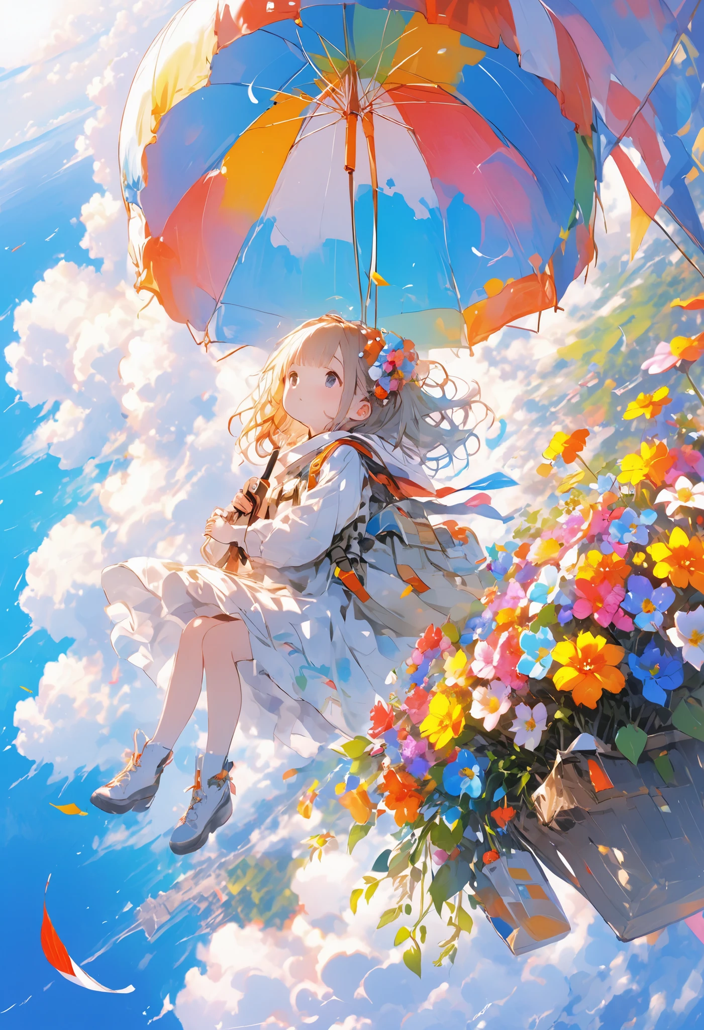 Parachute Day、Vast sky and colorful umbrella flowers、suspenseful moment between free fall and graceful landing