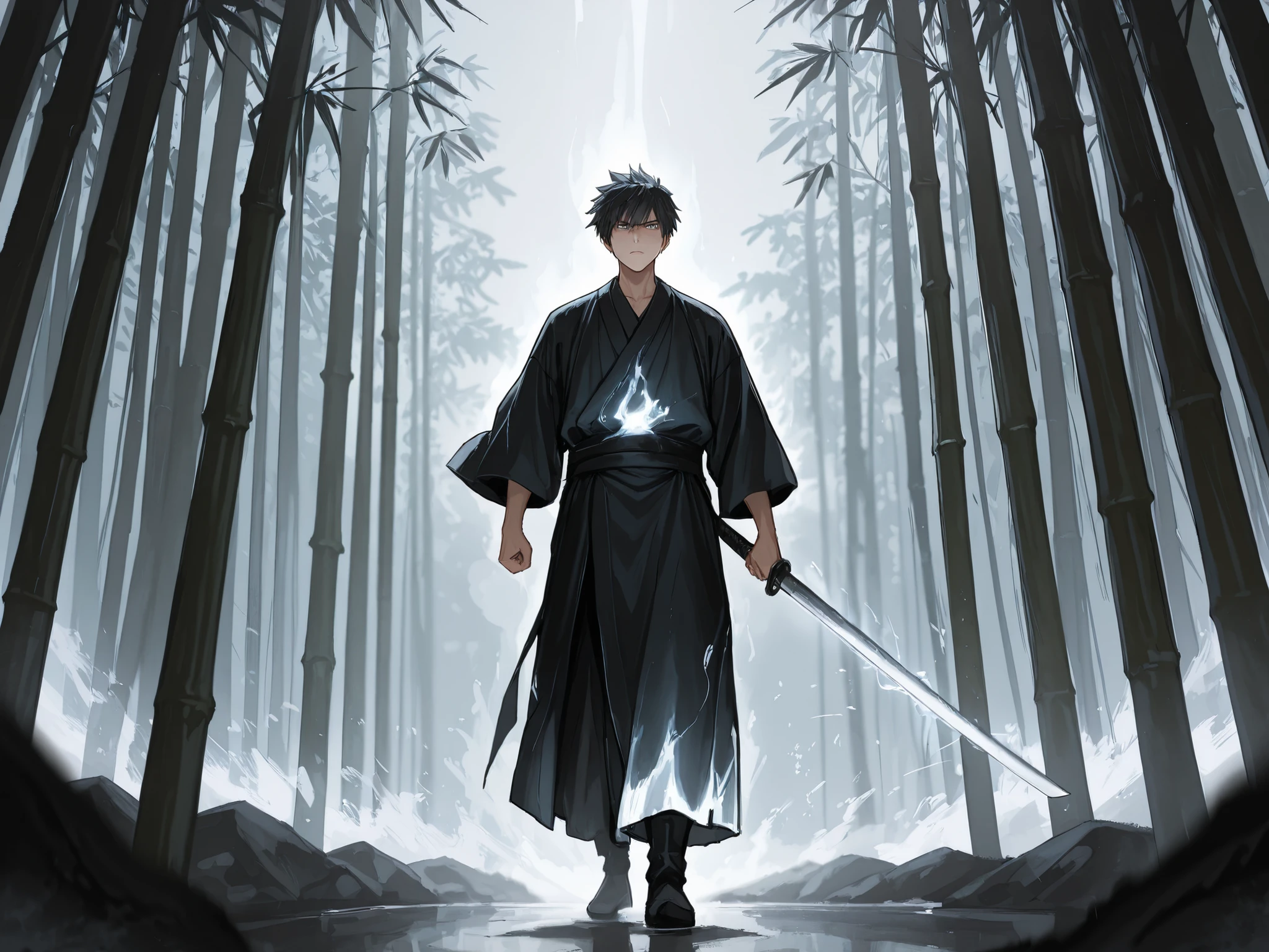 (Masterpiece, best quality, detailed anime illustration), cinematic, atmospheric. Yagyu Jubei Mitsuyoshi, the Unseen Blade. Full body portrait of a tall, lean man in a dark kimono, holding a wakizashi sword clearly in his hand. His form is surrounded by intense motion blur and multiple semi-transparent afterimages that create a disorienting, shimmering effect around him. The background is a simple, misty bamboo grove. One of his eyes glows with faint silver light. The vibe is eerie and impossible to track. 

--ar 2:3 --niji 6