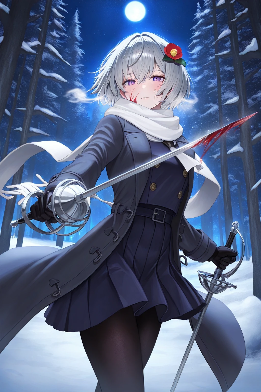 (((masterpiece, best quality, High Detail, 8K))) Design layout to showcase game characters, (1 Girl). blue|Silver clothes, Stylish and unique. ((Display of weapons:1.4)), Bow and Arrow. (masterpiece:1.2), (best quality), 4K, Extremely detailed. (Step-by-step design, The Art of Layout:1.5), (Luminous lighting, Atmospheric lighting). Shooter, ((glove full hands)), (((Revealing clothes:1.3))), Arm armor, Armored Legs, (((full_Body_shooting:1.4))). {On a snowy mountain}.highly detailed,ultra-detailed, shoulders, thigh, arms,streaked hair,best quality,masterpiece,illustration,Ojousama,hair scrunchie,looking up,white hair,high ponytail