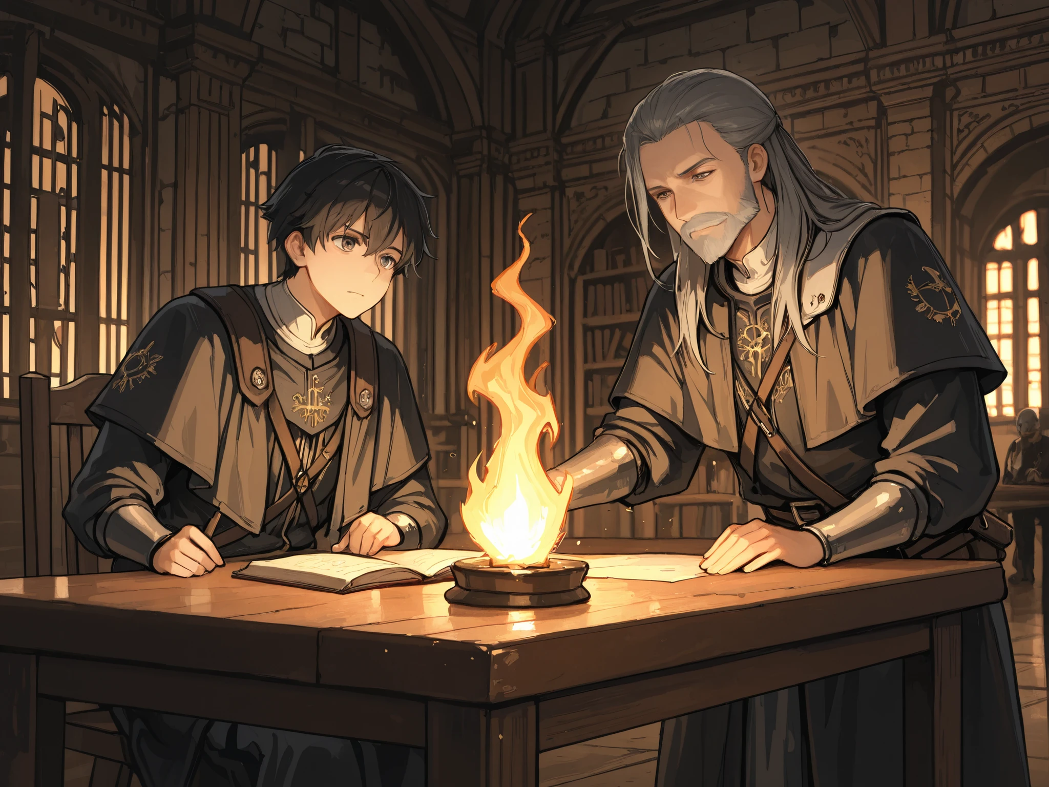 (Masterpiece, best quality, detailed anime illustration), cinematic, atmospheric, medieval setting. A man in his 50s or 60s with a sharp, intelligent face, a long grey beard, and deep, knowing eyes. He has the aura of a seasoned master, not a young warrior. He wears practical, dark clothing of a medieval scholar or master, not armor. He stands in a torch-lit medieval scriptorium or library, one hand resting authoritatively on an open, illuminated manuscript showing geometric fencing diagrams. The other hand rests on the simple, functional crossguard of a massive longsword resting on the table. Clean, golden geometric lines and ancient Germanic runes (like Vor and Nach) float clearly in the air around him and the book, illustrating the principles of his art. The vibe is profound wisdom, authority, and the creation of a supreme fighting system.

--ar 2:3 --niji 6