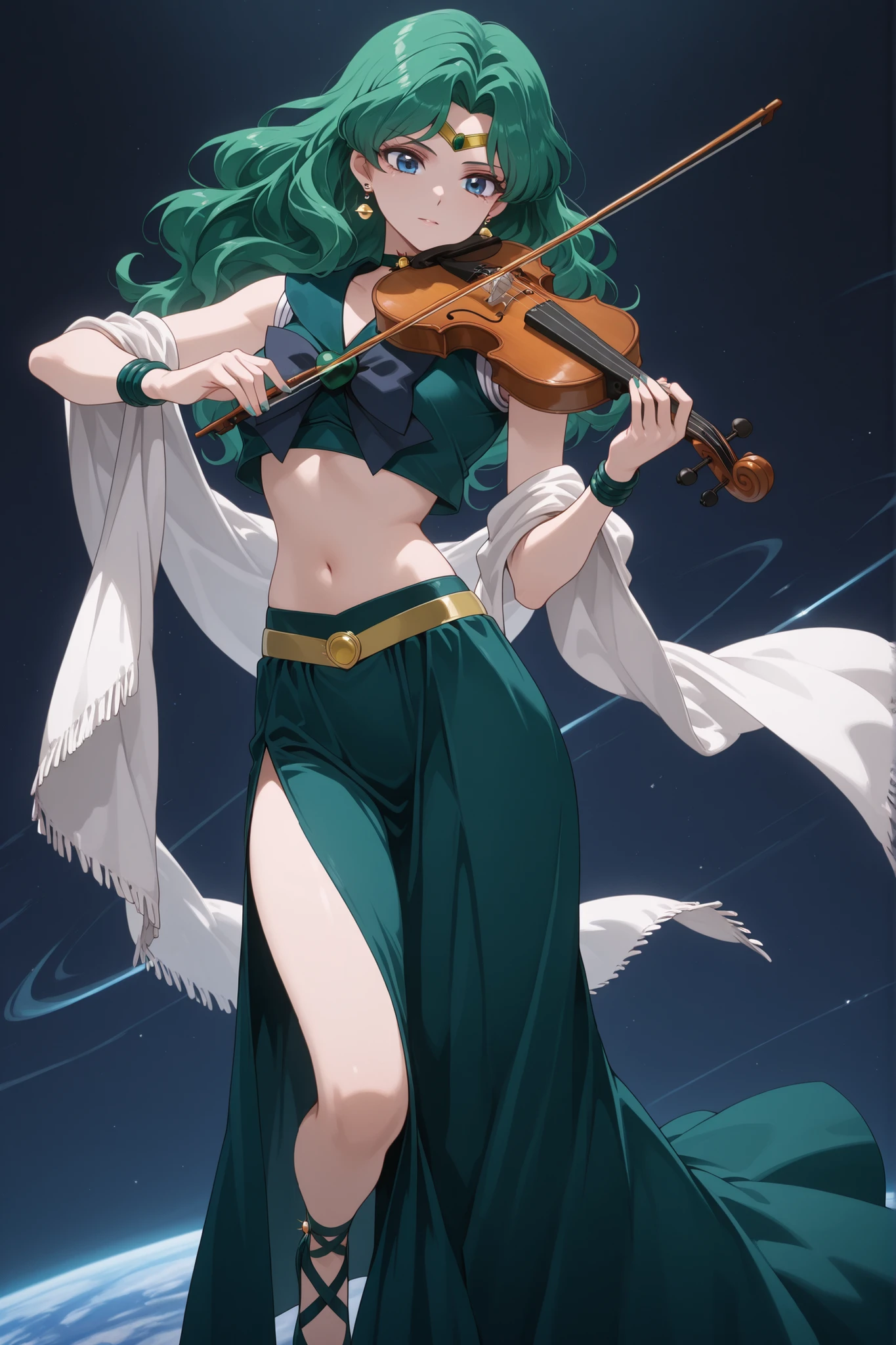Masterpiece, 1girl, solo, sailor neptune, long hair, green hair, wavy hair, parted bangs, blue eyes, planet earrings, circlet, bare shoulders, bracelet, crop top, earrings, long skirt, side slit, midriff, navel, shawl, side slit, sleeveless croptop, crop top overhang, gold belt, white and aqua clothing, (diaphanous fabric), playing a glass violin, full body shot