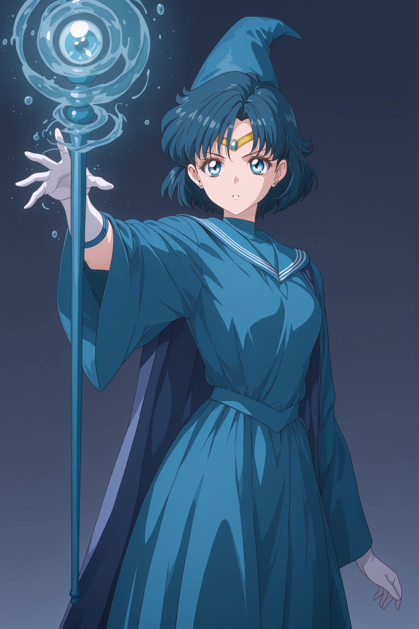 Masterpiece, 1girl, solo, sailor mercury, short hair, blue hair, blue eyes, stud earrings, circlet, wizard, wizard hat, robe, dress, long sleeves, gloves, wizard staff, water magic