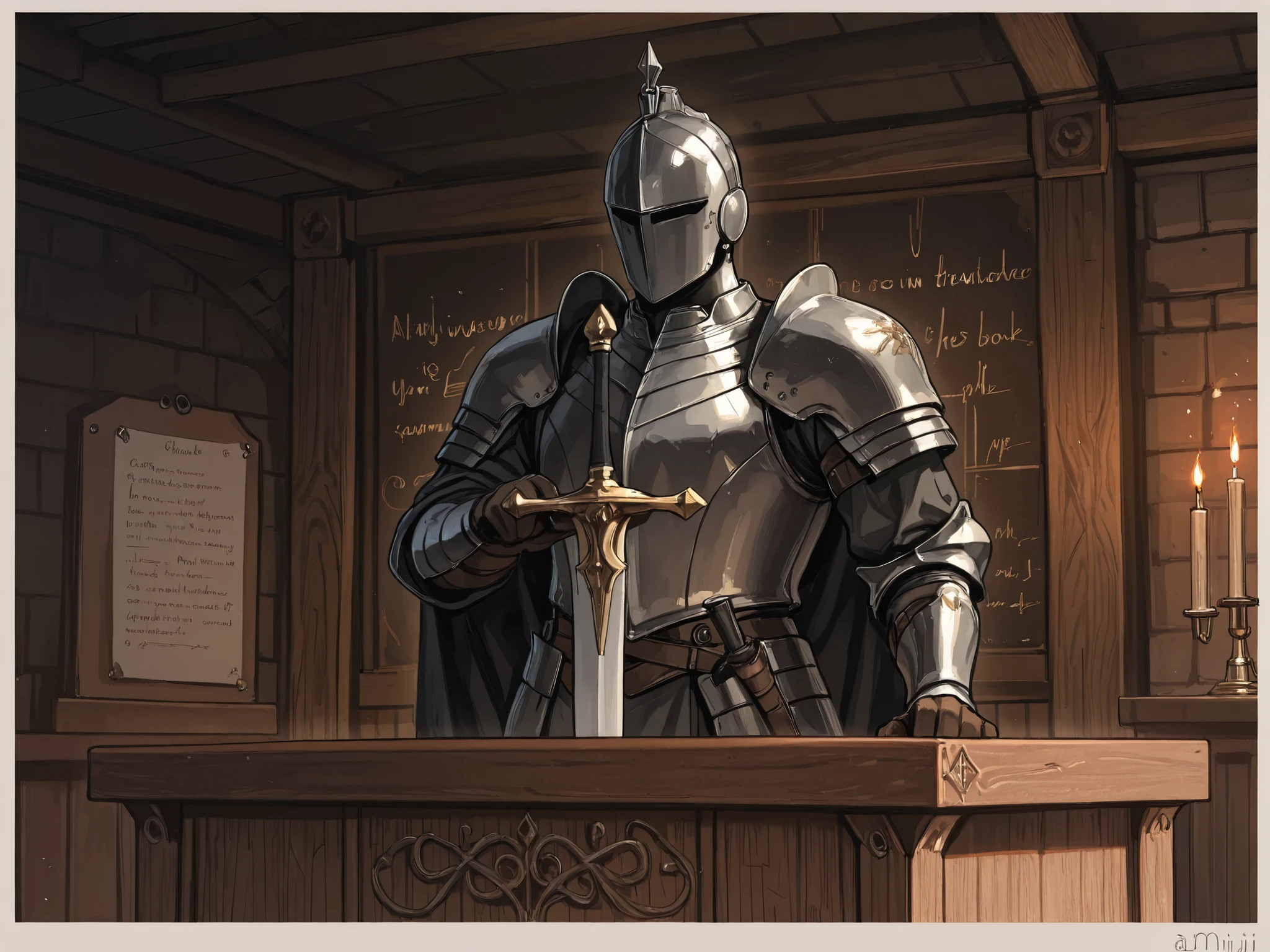 (Masterpiece, best quality, detailed anime illustration), cinematic, atmospheric, medieval setting. Sigmund Ringeck, the Master Interpreter. A powerful, broad-shouldered man in his 40s with a strong, calm face and short, practical hair. He stands in a perfect, authoritative longsword stance in a dimly lit training hall (Fechtschule). His armor is functional and worn. One hand firmly grips the hilt of his longsword, the blade held ready. His other hand rests confidently on an open, handwritten codex on a wooden lectern, the pages filled with precise fencing diagrams and Germanic script. Faint, shimmering golden lines and runic abbreviations from the manuscript extend through the air, connecting directly to his blade and his stance, visualizing how the book's knowledge guides his every movement. The vibe is unwavering confidence, deep understanding, and the quiet authority of a true master who embodies the teachings he preserves.

--ar 2:3 --niji 6