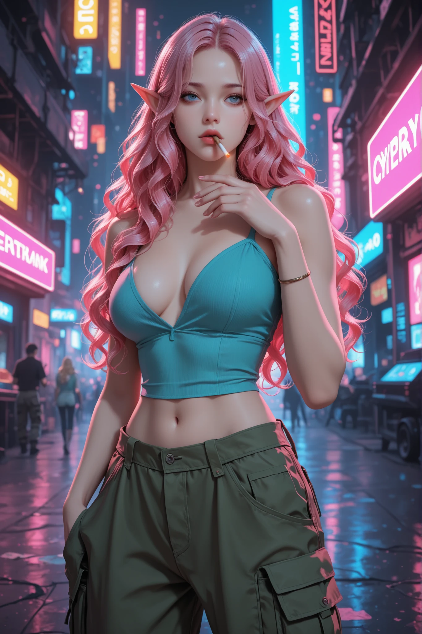 Woman, long wavy hair, blue eyes, pink hair, elf, sexy, cargo pants, cyberpunk, cigarette