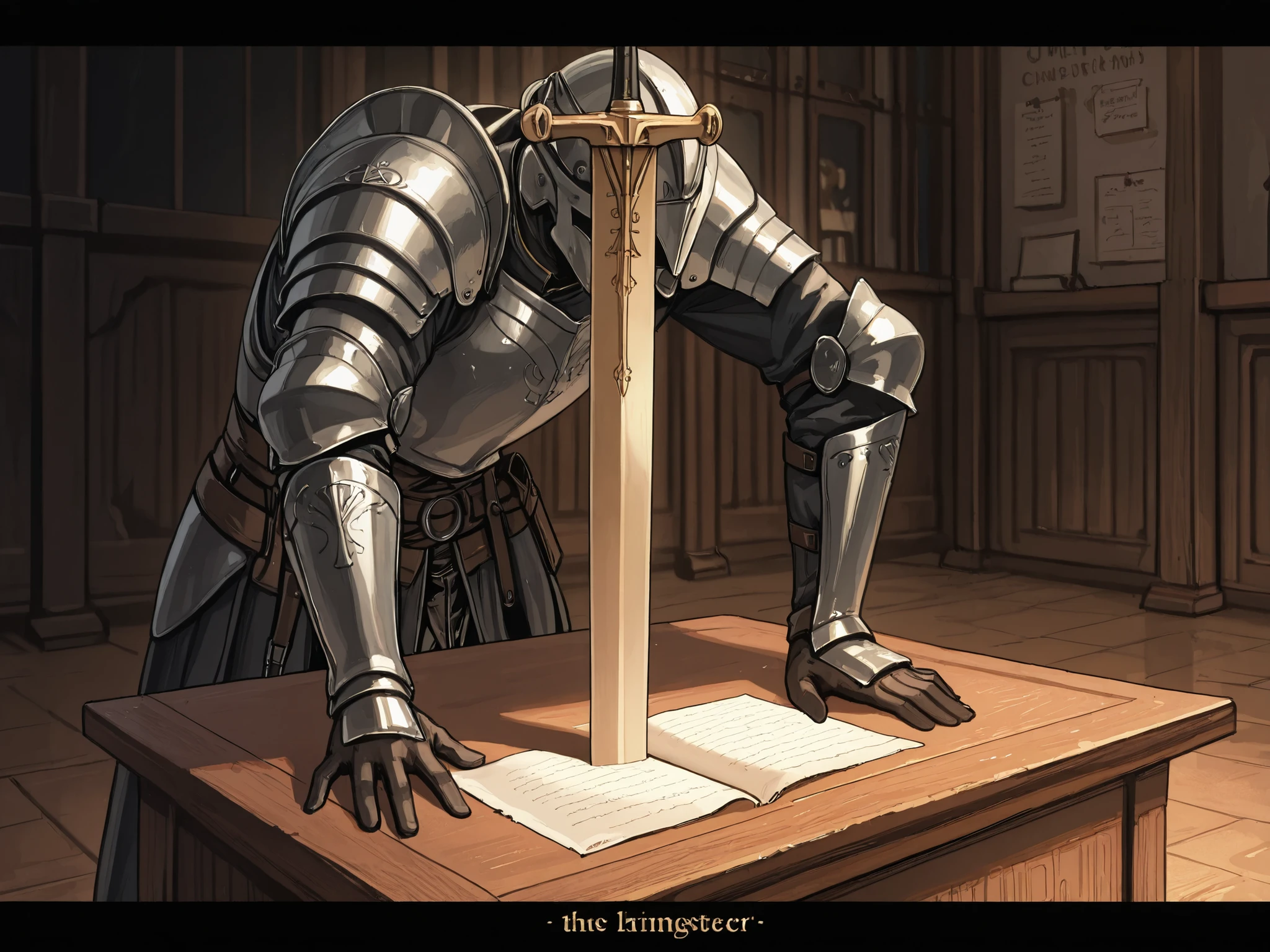 (Masterpiece, best quality, detailed anime illustration), cinematic, atmospheric, medieval setting. Sigmund Ringeck, the Master Interpreter. A powerful, broad-shouldered man in his 40s with a strong, calm face and short, practical hair. He stands in a perfect, authoritative longsword stance in a dimly lit training hall (Fechtschule). His armor is functional and worn. One hand firmly grips the hilt of his longsword, the blade held ready. His other hand rests confidently on an open, handwritten codex on a wooden lectern, the pages filled with precise fencing diagrams and Germanic script. Faint, shimmering golden lines and runic abbreviations from the manuscript extend through the air, connecting directly to his blade and his stance, visualizing how the book's knowledge guides his every movement. The vibe is unwavering confidence, deep understanding, and the quiet authority of a true master who embodies the teachings he preserves.
--ar 2:3 --niji 6