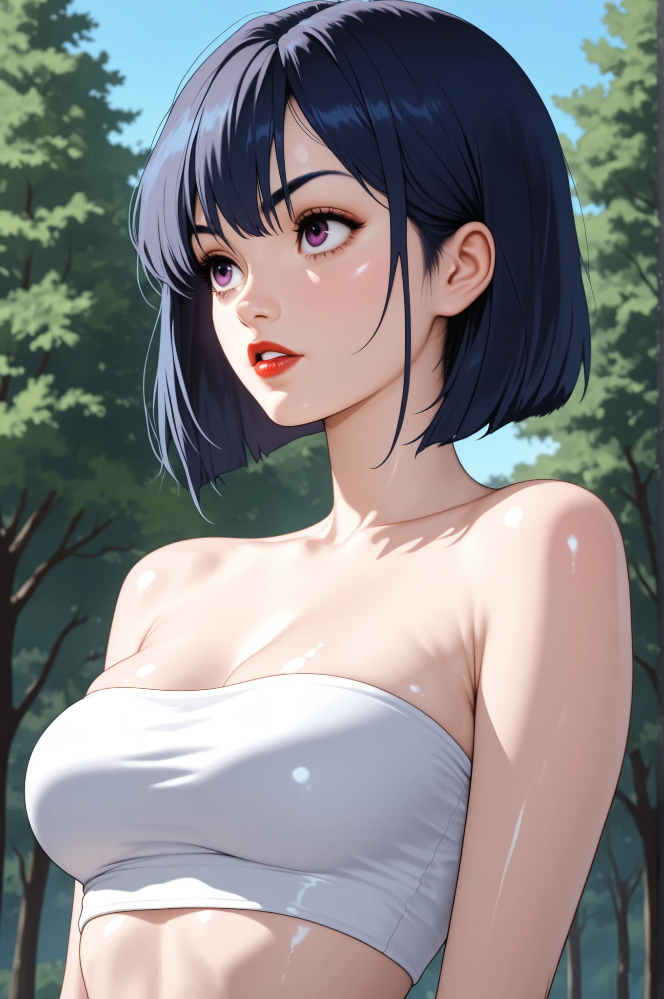 Perfect Face, Perfect Body, Blue Hair, Short Bob, Blue Thin Eyebrows, Purple Eyes, Red Lips, Parted Lips, (Medium Breasts), (White Tube Top), Looking At Me, (Blue Sky, Trees, Roading), (Shiny Skin), (Glossy Skin)