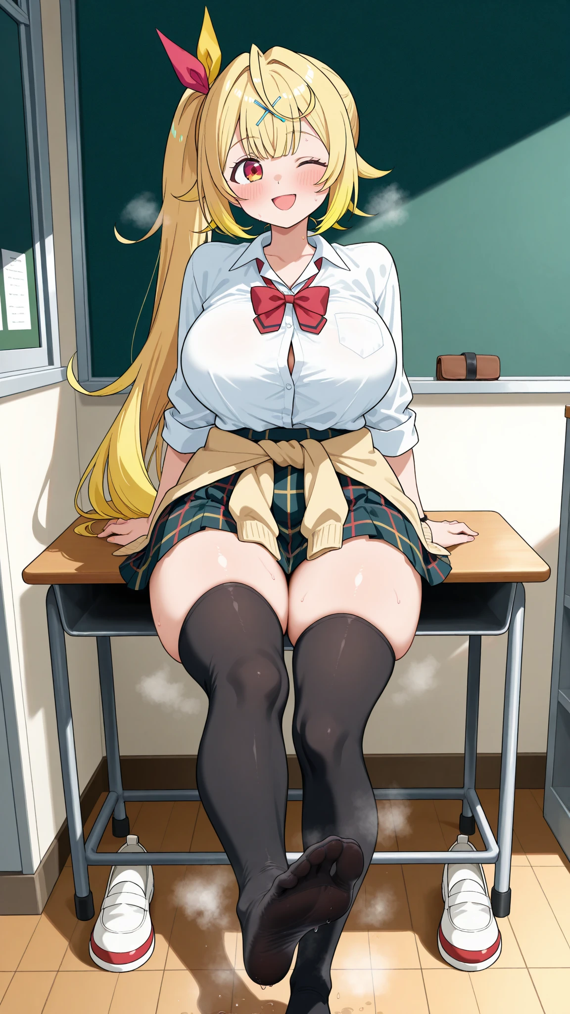 score_9, score_8_up, score_7_up, score_6_up, score_5_up, score_4_up, (reika kurashiki), (front view), (viewed from below), (full body), (2d anime style), (long blonde hair), large breasts, (white shirt), (deep cleavage), (red vest), (red pencil skirt), (black transparent pantyhose), (sexy black string panties), sexy curves, big head, (solo), sitting on desk, (spread legs), seductive pose, looking at viewer, serious expression, seductive expression, cute expression, heavy breathing (classroom background)