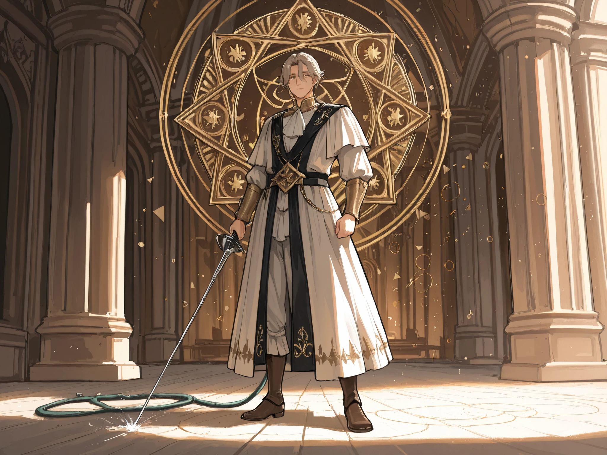 (Masterpiece, best quality, detailed anime illustration), cinematic, atmospheric, Renaissance Italy. Achille Marozzo, the Master of Defense. A dignified man in his 40s-50s with a proud, sharp face and an expression of calm authority, greying hair at the temples. He wears elegant, refined Renaissance clothing (doublet, hose) in deep crimson and gold. He stands in the perfect "Guardia di Terza" stance in a sunlit courtyard. He holds a slender rapier and a parrying dagger, their points tracing invisible lines. Luminous, golden geometric shapes (circles, triangles) and dueling diagrams from his treatise "Opera Nova" radiate from HIM like a personal mandala of power, framing his figure and emphasizing his control over space. The vibe is supreme confidence, intellectual superiority, and deadly elegance. He is the center of the composition.

--ar 2:3 --niji 6