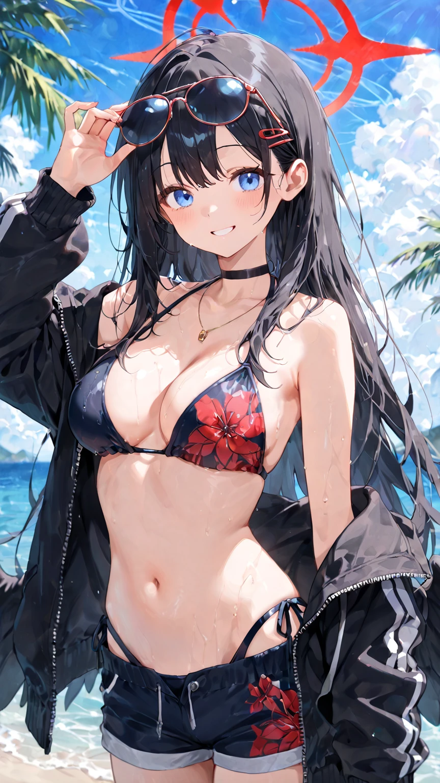 yuukikonno, Yuki Konno, long hair, hair band, pointed ears, purple hair, smile, blush,(red eyes:1.5), (?????????????:1.2), open your mouth, purple sleeveless hoodie, wearing a hood, ???? arms, barefoot, Cute Sandals, Midsummer, Palm tree, daytime, Light of the sun, walking on the sandy beach, 壊す looking at viewer, Upper body, whole body, break outdoors, coastal street, destroy the beach (masterpiece:1.2), highest quality, High resolution, unity 8k wallpaper, (figure:0.8), (detailed and beautiful eyes:1.6), highly detailed face, perfect lighting, Very detailed CG, (perfect hands, perfect ???????), 1girl, 18 year old female, anime style, ultra realistic, high detail, ???? pose, ????, beautiful, exposed skin, slender, skinny, ???????????, exposed ??????, ??????, ???????, ????, ??????, absurdres, high res, ultrasharp, 8K, UHD, retina, masterpiece, accurate, anatomically correct, perfect ???????, textured skin, super detail, high details, high quality, award winning, best quality, high res, looking at viewer, detailed eyes, four fingers and one thumb per hand, perfect hands, perfect finger, two arms only, ??????????, revealing