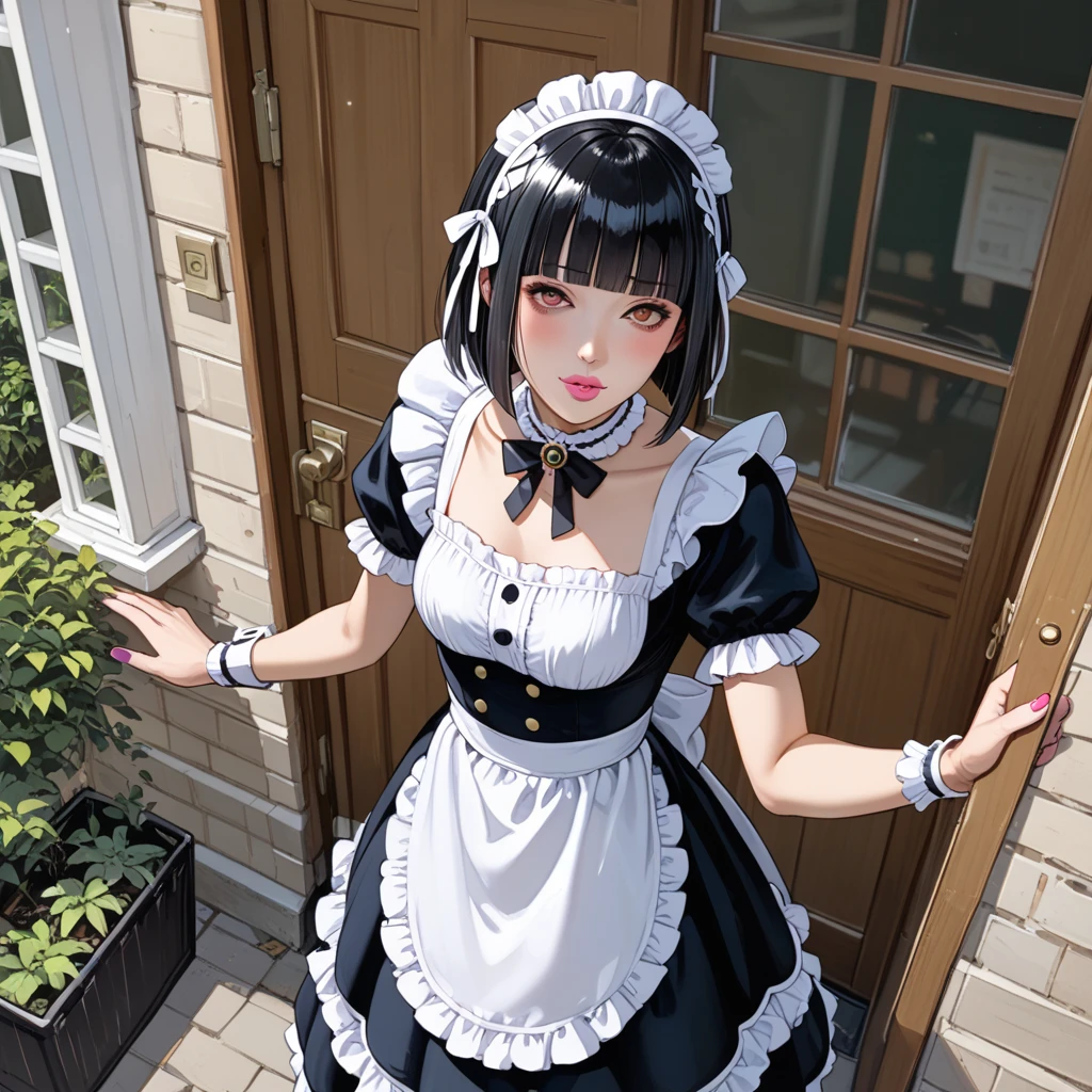 highest quality、8K、16k、masterpiece、realistic、Super detailed)、break, 23 year old Asian girl black hair ((Japanese maid:1.5)),(with ruffles_maid_dress:1.5),(Street Belts),(black stockings),(thighs:1.2)、