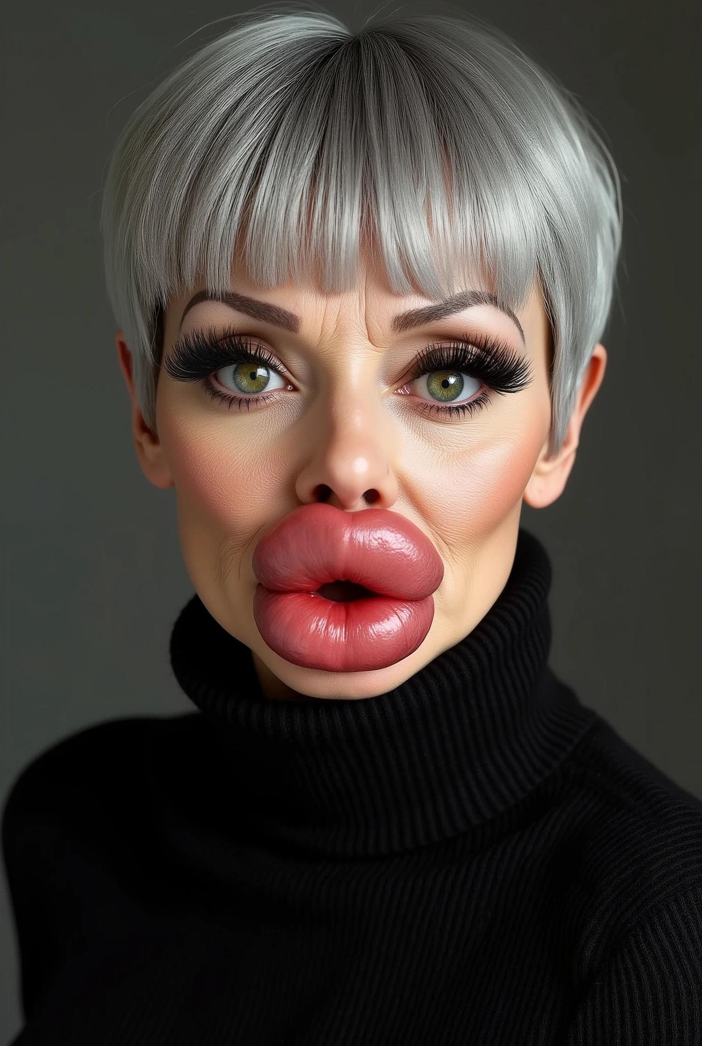 Ultra-realistic front view portrait of a super posh and snobby looking ugly mature woman in her 60s with very short grey hair with bangs. She has a puffy face and long eyelashes. Her facial features are huge fake round and wide bimbo lips, glossy and overfilled, and she has round cheeks. She Looks rigid and posh. She is wearing a tight black ribbed wool turtleneck sweater. She has bright green eyes. The lighting is soft and even, and the background is minimal, emphasizing her face and outfit. The style is high-end posh and ugly mature aesthetic, ultra-detailed, photorealistic, cinematic 8k. Ugly woman
