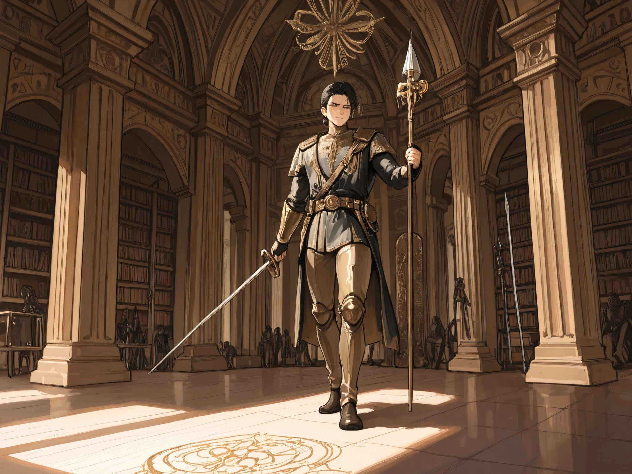 (Masterpiece, best quality, detailed anime illustration), cinematic, atmospheric, Renaissance setting. Pietro Monte, the Universal Soldier-Scholar. A powerfully built, athletic man in his 40s-50s with a thoughtful, stern face and a calm, analytical gaze. He stands in a relaxed but perfectly balanced stance in a spacious, sunlit Renaissance hall that blends a library and a training ground. Books and scrolls line the shelves, while a longsword, a rapier, and a spear lean against them nearby. He holds a spear confidently in one hand, while the other rests on an open codex showing anatomical drawings of muscles and bones. Faint, shimmering golden diagrams of human biomechanics and geometric angles overlay his own figure, visualizing his deep understanding of the body's mechanics. The vibe is overwhelming erudition, physical mastery, and the serene confidence of a man who has unified mind and body into a perfect instrument of war.
--ar 2:3 --niji 6