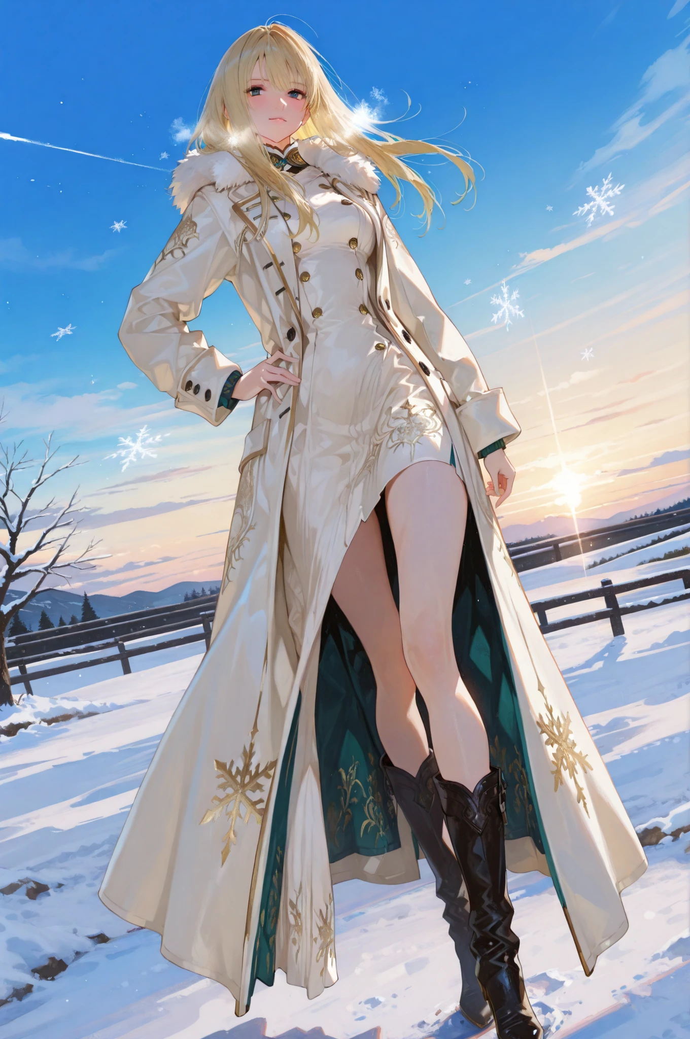 (masterpiece:1.5, ultra-detailed, in the style of Oh! Great, semi-realistic anatomy, sharp and bold line art, blonde-haired girl with long hair fluttering, wearing nordic-inspired long coat dress with fur collar and detailed embroidery, high boots, standing in stylish confident pose with long legs emphasized, one hand on hip, soft daylight, snowflakes in air, strong contrast lighting, elegant calm atmosphere, cinematic dutch angle composition)stylish pose