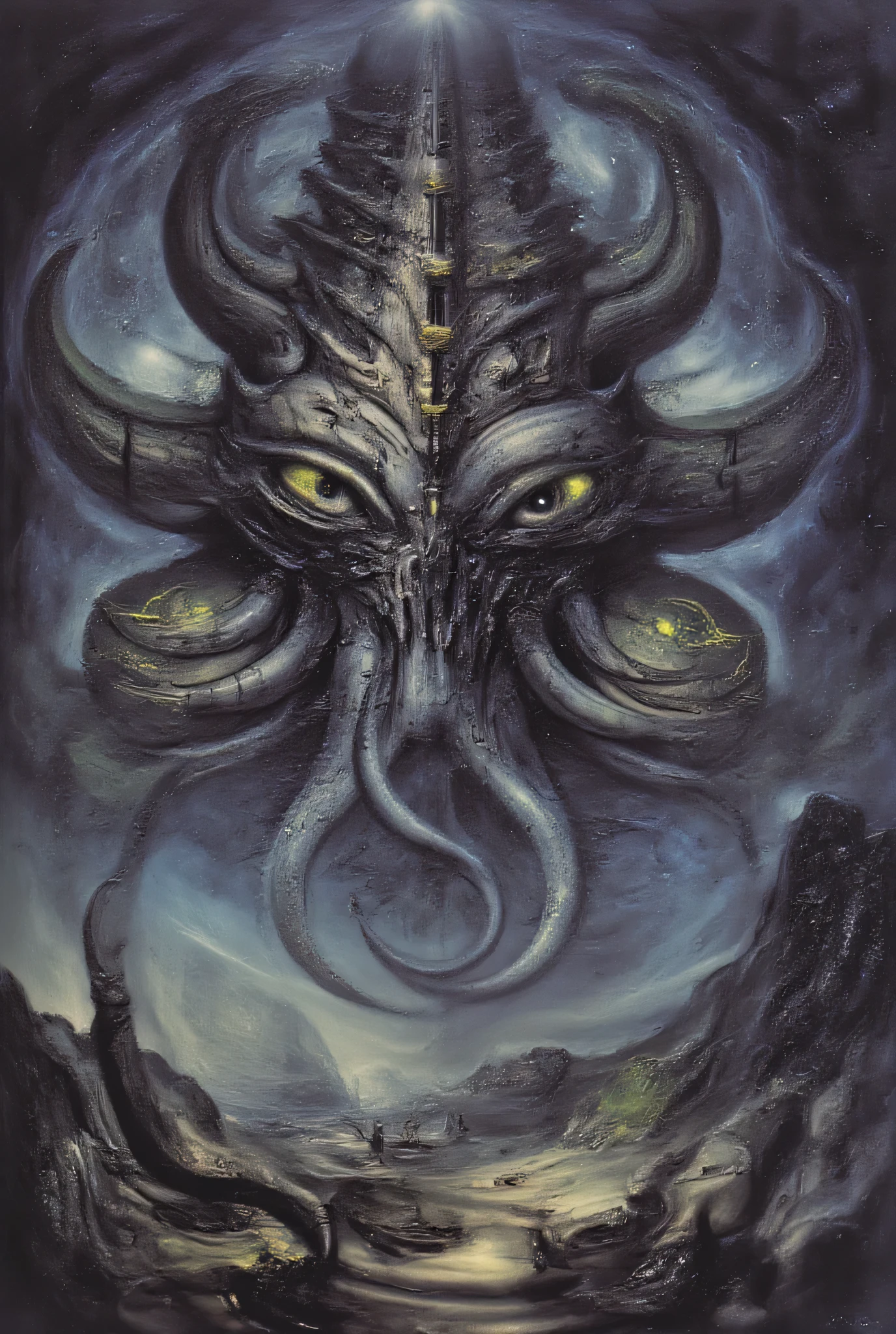Ancient horror deity with multiple eyes, non-Euclidean geometry, ethereal tentacles, cosmic dread, dark void background, glowing sigils, unknowable form, eldritch symbols, surreal landscape, photorealistic