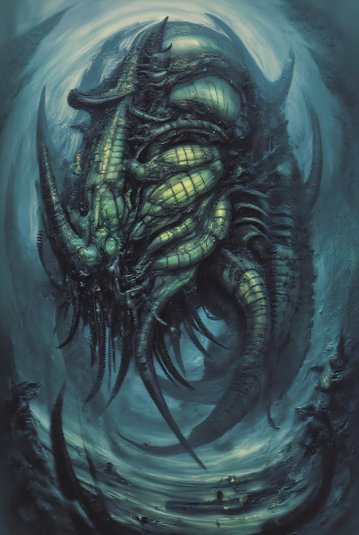 Eldritch horror lurking beneath the ocean, bioluminescent features, massive scale, incomprehensible anatomy, dark abyss, cosmic horror, Lovecraftian influence, reality-bending, otherworldly presence, detailed textures