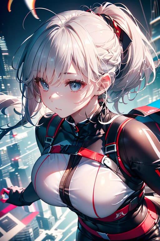 (burning city in the background:1.2), blurry background, looking forward full body, silver hair, long ponytail, white jacket open, black ??????, volumetric lighting, white jacket, futuristic, red katana on the back, multicolored eyes, (heterochromia blue and red1.4), detailed eyes, hyper detailed, serious face, slightly irritated, highly detailed, beautiful, small details, ultra detailed, best quality,  intricate, hyper-realism, sharp, digital illustration, detailed, realism, intricate, 4k, 8k, trends in the art station, good ???????, beautiful lighting, award-winning, photorealistic, realistic shadows, realistic lighting, beautiful lighting, raytracing, intricate details, grumpy, rule of thirds, masterpiece, (illustration: 1.1), high resolution, (extremely detailed CG, unit, wallpaper 8k: 1.1), beautiful face, highly detailed face, ultra realistic, masterpiece,  bokeh, extremely detailed, intricate, half body, abdomen, small ???????, thin, colorful, vibrant colors, red enamel, side view,