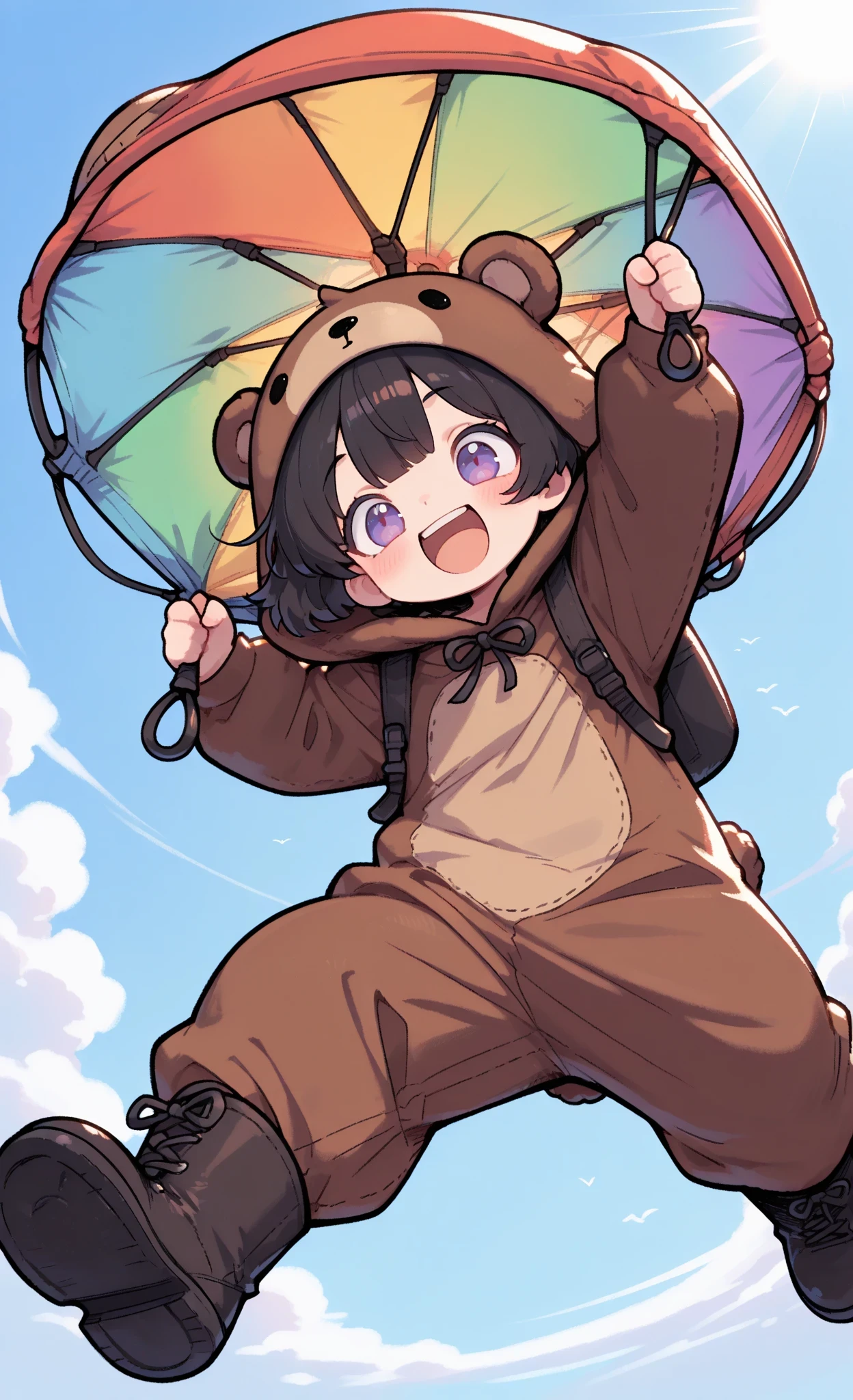cartoon style, expressive characters, pop colors, dynamic pose, masterpiece, best quality, ultra-detailed:1.3, Kuma, 1boy, male, solo, short black hair, lavender eyes, wearing brown bear onesie, bear hood, black boots, Parachute Day theme, skydiving mid-air, freefall moment, vast expansive sky with fluffy clouds, colorful parachutes and umbrellas floating around, wind blowing through hair and onesie, joyful expression, big happy smile, laughing with pure happiness, holding onto parachute straps, falling among rainbow-colored umbrellas, stuffed teddy bears riding on umbrellas, bright sunlight, sense of freedom and adventure, moment between jump and landing, cinematic sky perspective, whimsical atmosphere