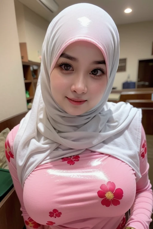 Chubby adorable, 1 girl, (face to face), 10 years old, baby face, happy, half body portrait, (face details: 1), (eye details: 1), (()). wearing transparent transparency softpink long shirt, hijab, .. Cute posed. proportional body. Ultra High Res. realistic: 1.4, UHD, (floral pattern), view from side seductive pose 