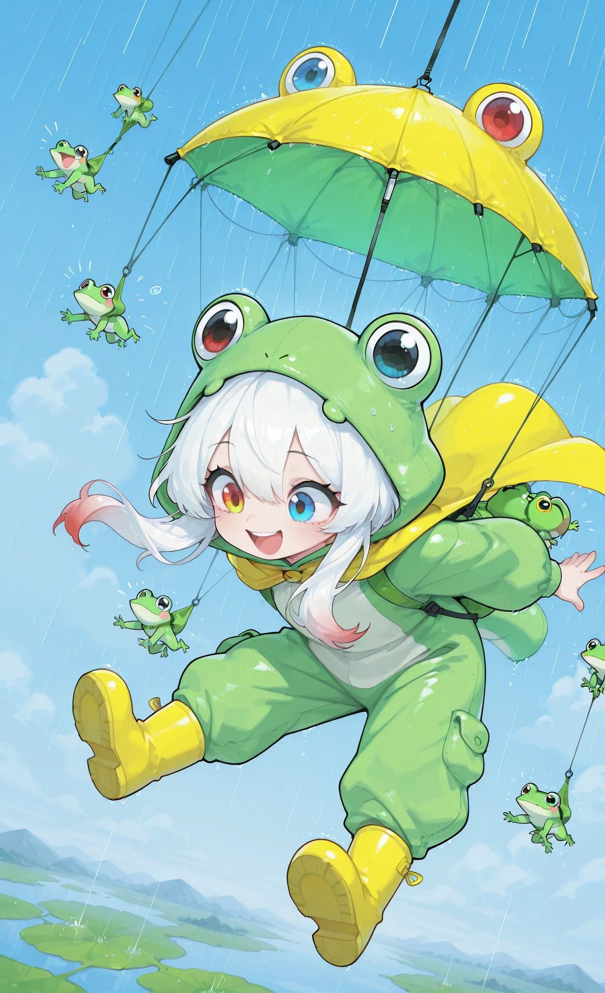 visiosomni,CuteToon_ST,toon style, masterpiece, best quality, ultra-detailed:1.3,
1girl, solo, pure white hair with soft gradient red tips, 
heterochromia red right eye and ice blue left eye, fair skin, 
wearing bright green frog onesie with yellow cape, yellow rain boots,

Parachute Day theme, skydiving with frog-shaped parachute, 
freefalling through vast sky, colorful umbrellas floating around, 
tiny frogs riding on floating umbrellas, wind blowing hair and cape, 
joyful expression, big happy smile, laughing with excitement, 
holding tightly to parachute straps, falling among rainbow umbrellas with frog passengers,
bright blue sky with fluffy clouds, moment between jump and landing, 
adventure, cute aerial perspective, whimsical atmosphere, pure happiness