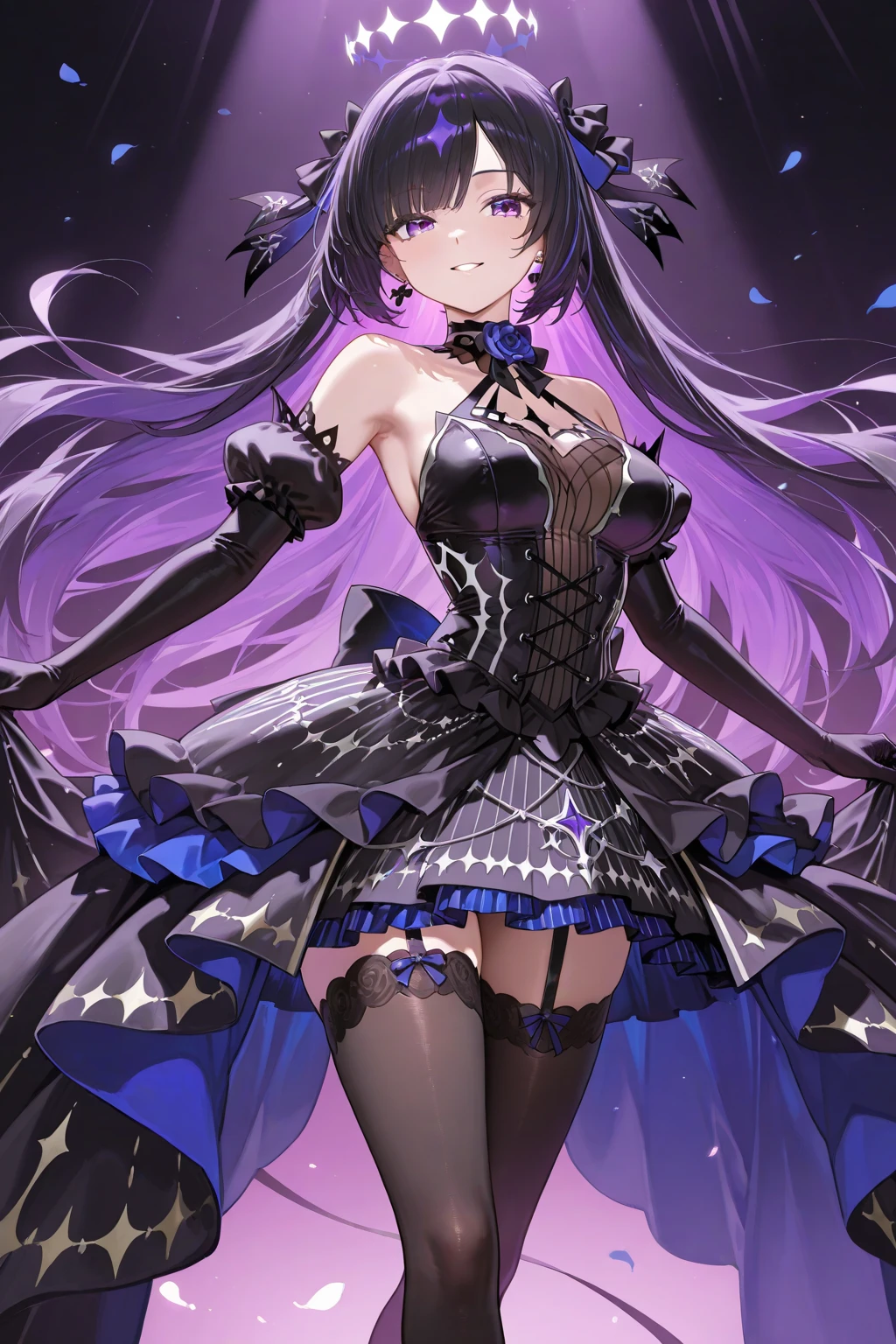 （（masterpiece：1.4，best quality）），（Super detailed），（Extremely detailed eyes），（Shiny socks：1.5），Hello Darkness
（Cute girls），15 years old，（Blood-red pupils，Diamond-shaped pupil：1.15），Purple Eyeshadow，（elongated hair，Thick hair，Single ponytail，shiny hair：1.5）（Changes through：1.2），despair，sad，Empty eyes，tears streaming down my face，tilting its head to the side，
（She wore a blue dress，：1.5），（Black gloves：1.4）Very long plush sleeves，White，White Cloud，Dream bubbles ，Ice and glitter effects
（Black long skirt：1.1），
（（Starry Sky：1.2）），
（Intense black and white：1.16），（Depth of Field：1.4），，Intricate details，(((Detailed background，Castle in the Sky，Purple flowers by the lake)))，(((Huge breasts， breasts，Deep cleavage，White stiletto high heels， clothes)))