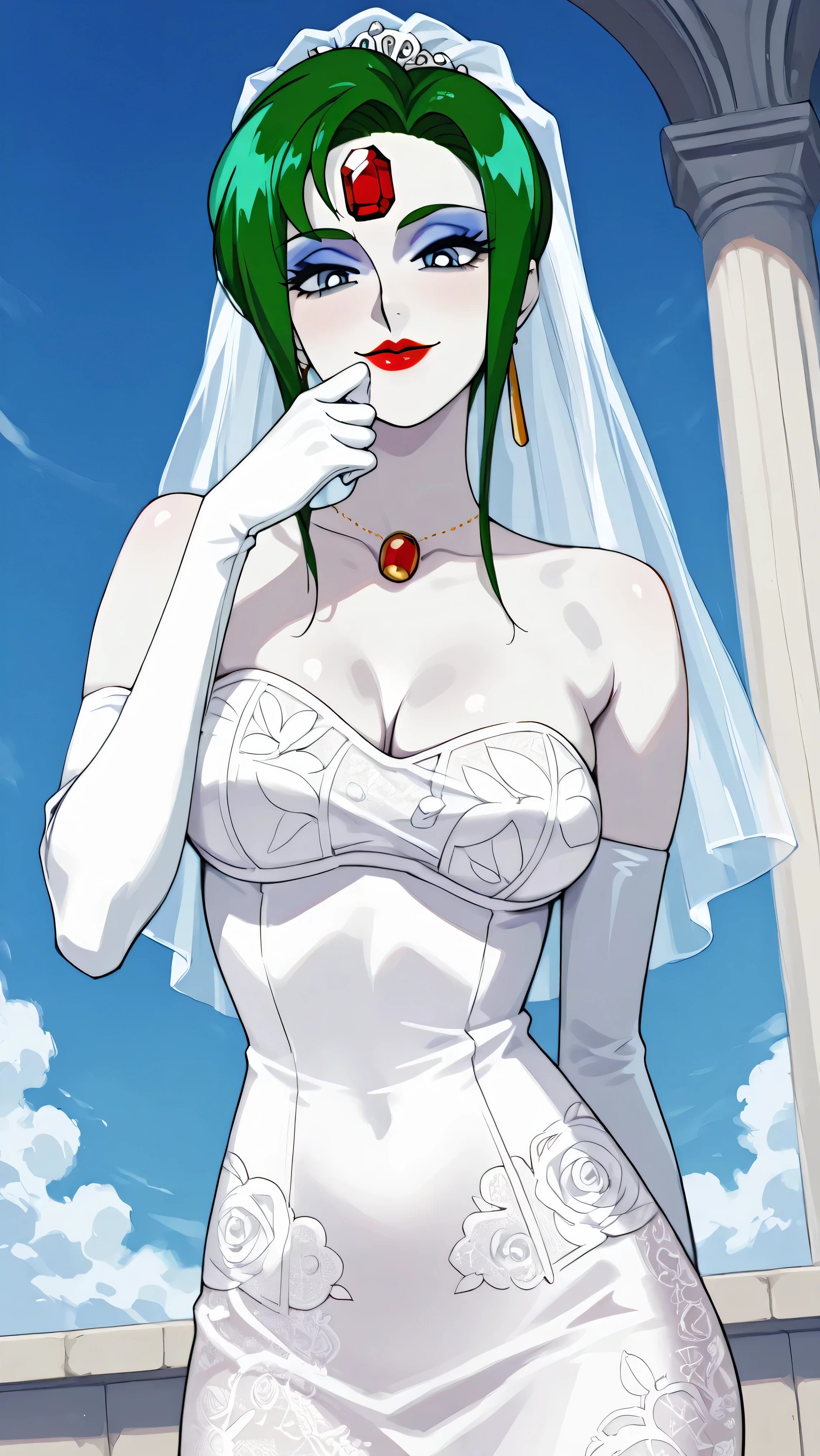 score_9,score_8_up ,score_7_up ,Very Cute Girl:5.0, masterpiece, high image quality, ,perfect face:5.0, very cute face, retro anime style,one girl, , heavy makeup:9.0 , green hair, white skin:5.0 , Red jewel on forehead, Shiny Red Lipstick, Big Bright Blue Eyes, Villain pose , solo, Close your mouth with a smile, 顔up, just slightly larger breasts, 顔ドup, red lips, white full lace wedding dress, white long long gloves, Gold Elongated Earrings, Very Mocking Eyes, Villain facial expression, smile with her mouth closed, Outside the chapel, Blue Sky, Full lace skirt, I touched my butt with my hand, front angle, gold round pendant, watching viewers, Wedding Veil