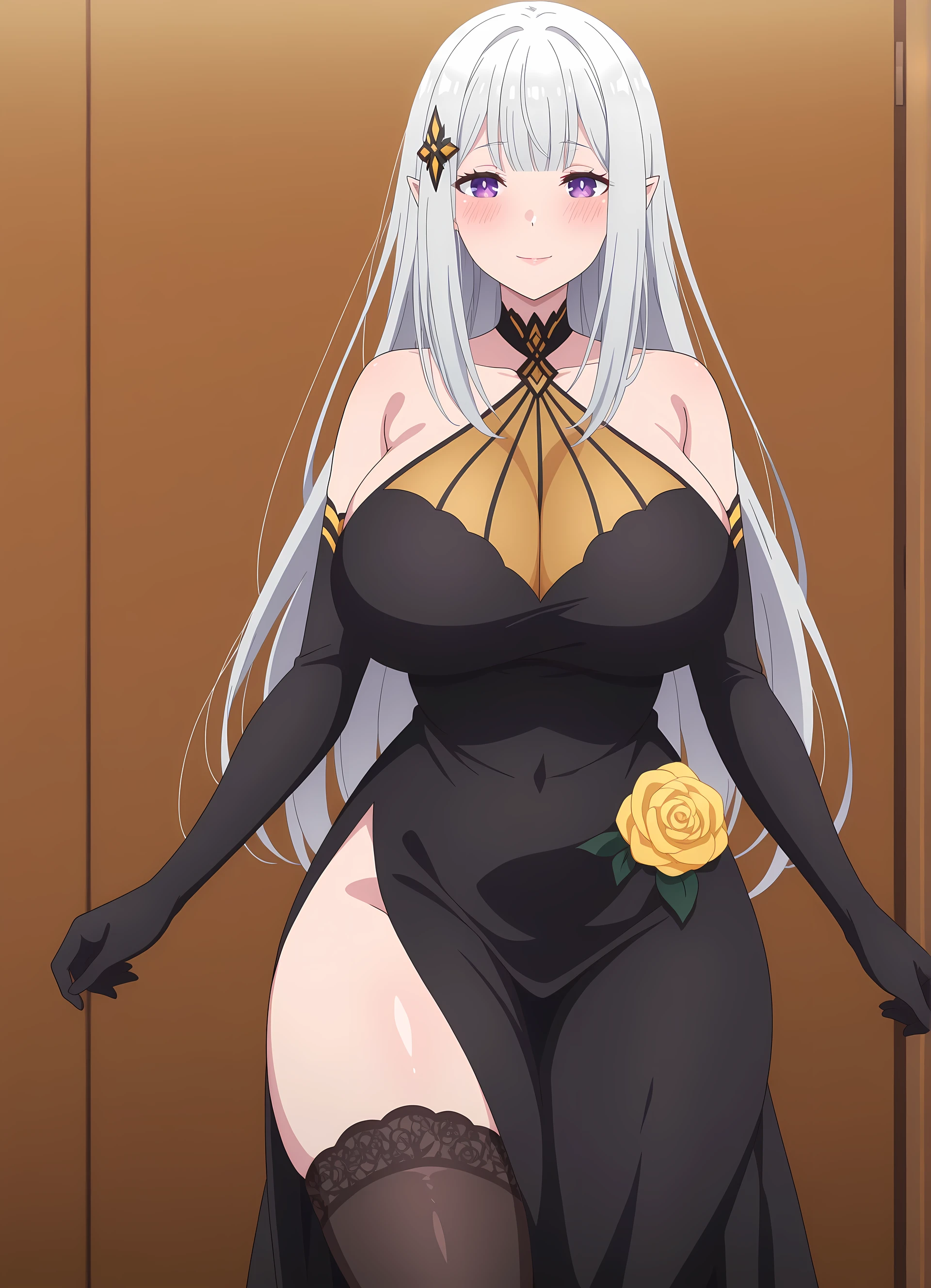 newest , masterpiece , anime screencap , anime coloring , Solo, long dress, Satella, Anime, 1girl, Mature Female, attractive face, detailed face ,  medium head, pointy ears, hair ornament, blush, silver hair, long hair, closed mouth, light smile, lips, purple eyes, big breasts, glamorous bodies, attractive bodies, big Curvy, Slutty, Neat, ((sleeveless black dress,elbow_gloves, yellow rose , halterneck, black thighhighs,))), (((Sexy,))) 