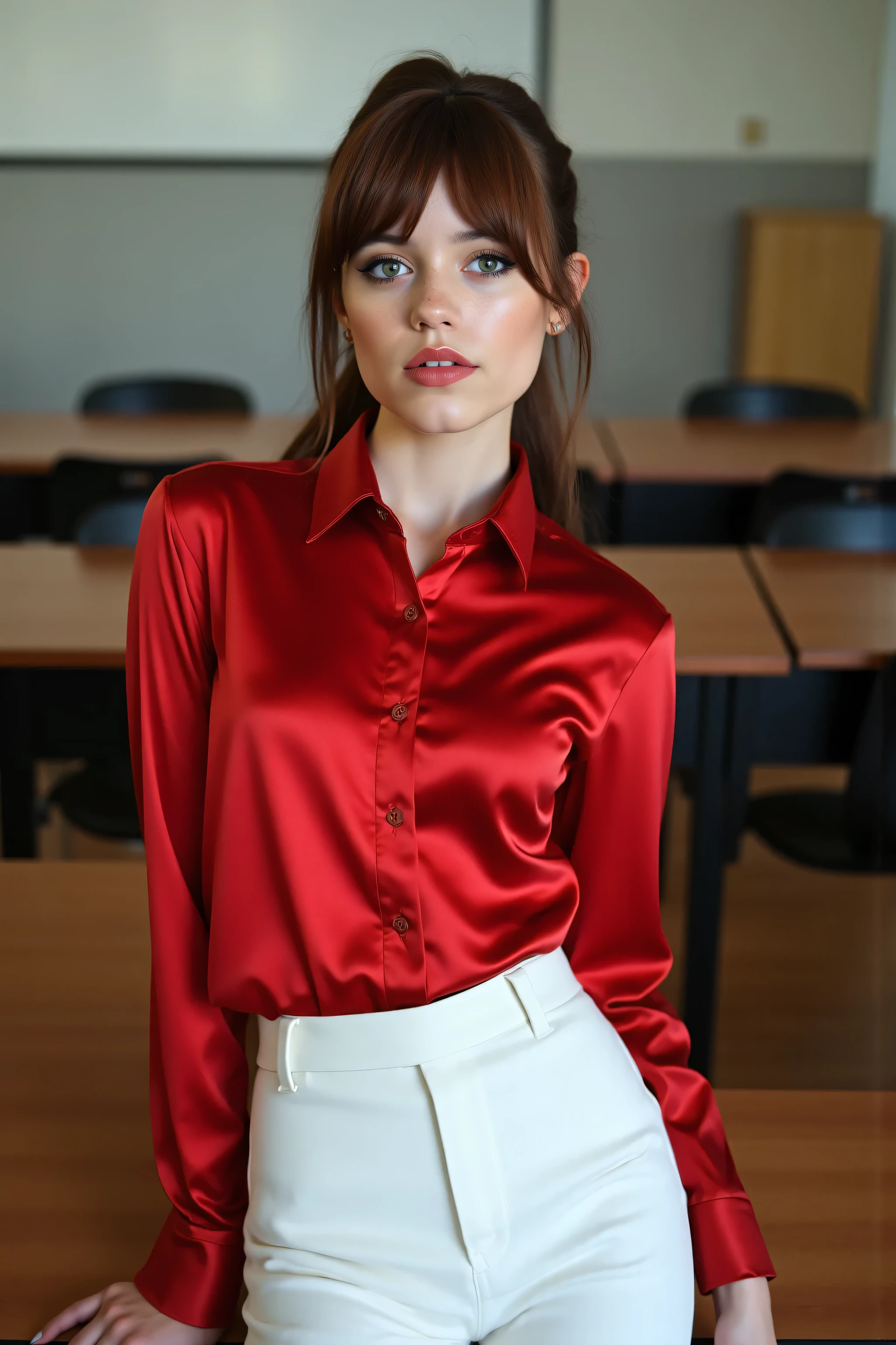 Amateurfoto : Klassenzimmer : natural, 23-year-old French girl, blasse, white skin, shy smile,brown ponytail attached to the back of her head with a free forehead, shy smile, satin red tight fit shirt with collar, nicht eingesteckt, and white ones, schmale Lederhose. Sie kniet nieder, Pick up your pen from the ground, while looking directly at the camera 
