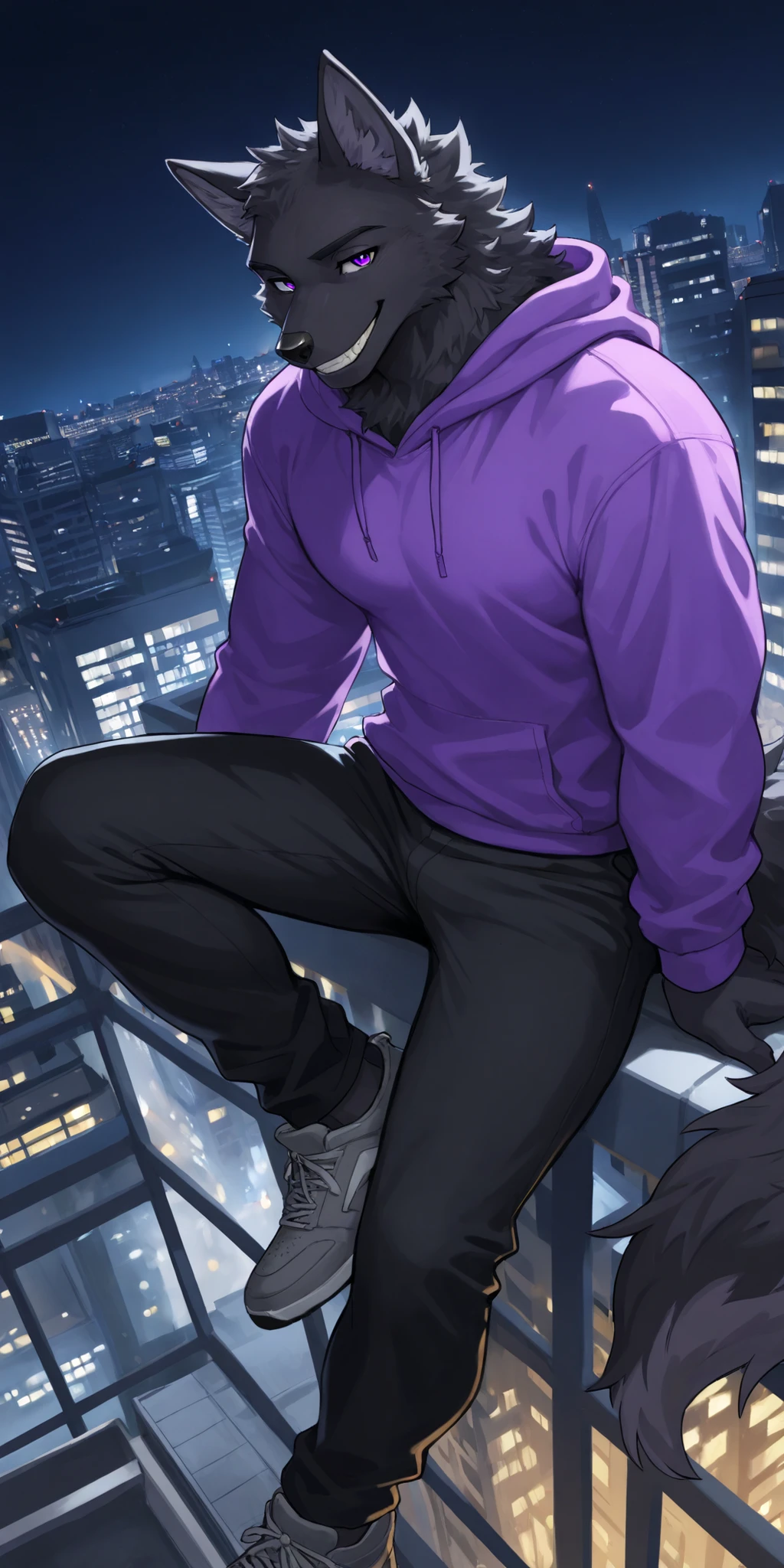 furro man with ears and tail of a wolf with dark fur and purple eyes, sitting on the edge of the roof of a building, buildings in the background with lights on, at night, Alone, smiling, He has a purple hoodie, wearing black pants and gray sneakers with purple details. good quality, dynamic and vibrant style. With fine lines and bright colors. The character's pose is relaxed.
