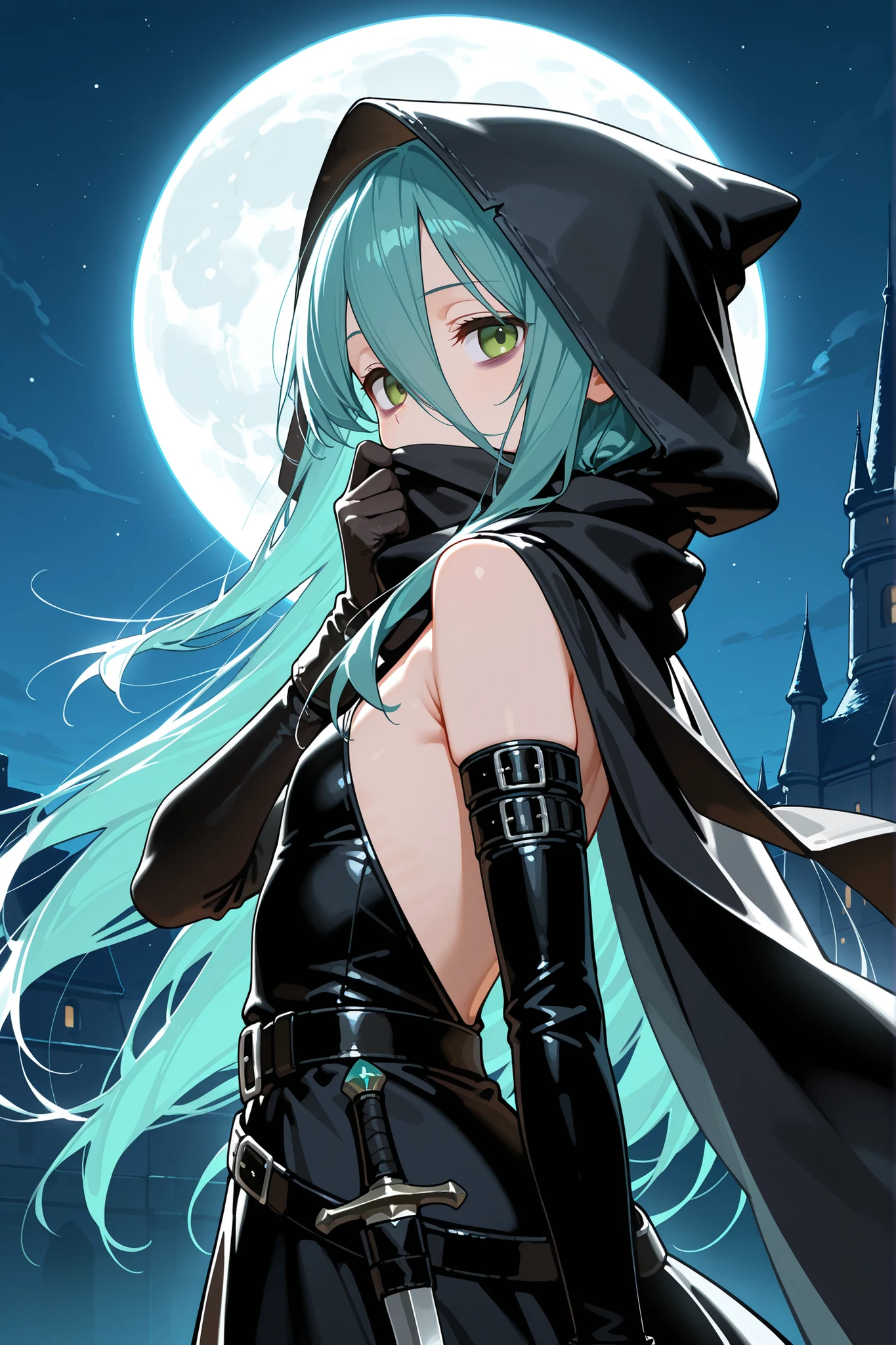 1girl, solo, character focus, close to viewer, from side, night time, ((full_moon)), night sky, [castle], assassin, black cape, wearing a hood, black scarf, A scarf covering the mouth, Grab the scarf with one hand and cover your mouth, (black leather gloves), (((black belt))), (((black arm belt))), black backless dress, Hold a dagger, Holding the dagger in reverse, aqua hair, long hair, green eyes, tareme, bags under eyes, long bangs, flat chest, expressionless, soft lighting, high detail, anime style, {animated painting}, {{{{{five hand fingers}}}}}, {{{{{4fingers and 1thumbs}}}}}, {{{high resolution}}}, {{{best quality}}}, {{ultra-detailed}}, {illustration}, {{an extremely delicate and beautiful}},