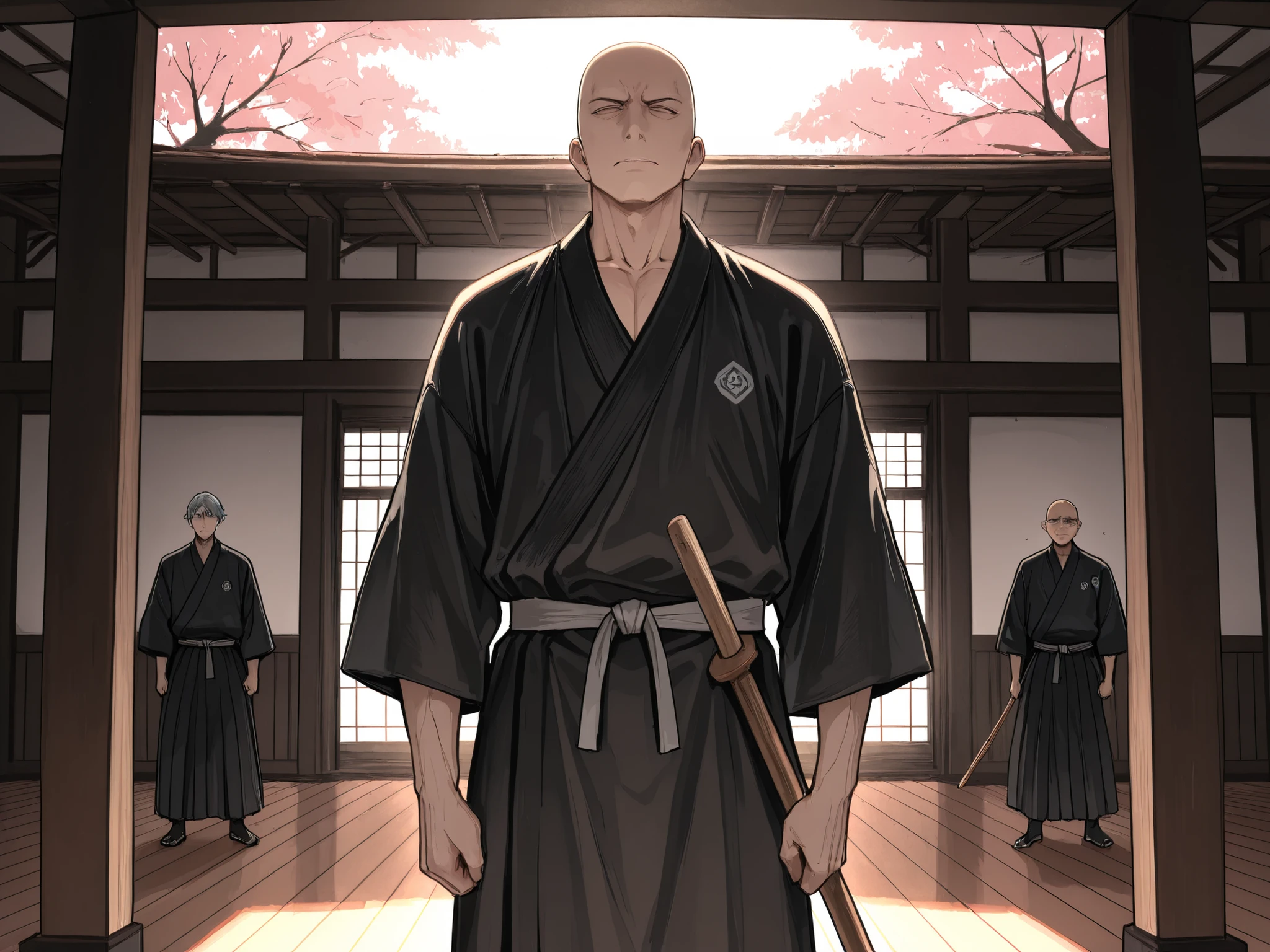 (Masterpiece, best quality, detailed anime illustration), cinematic, atmospheric, profound serenity. Yamaoka Tesshu, the Sword of Nothingness. A man in his 50s or 60s with a stern, aged face, prominent wrinkles, and a completely neutral, empty expression. His eyes are closed or half-lidded, radiating immense, intimidating calm. He is bald or with closely shaven grey hair. He wears a simple, dark kimono. He stands perfectly still, facing the viewer, holding a wooden bokken upright in front of him, his hands resting on its pommel. The air around his body and the bokken visibly wavers and distorts like a heat haze, repelling a few falling cherry blossoms. The background is an absolutely empty, dark Japanese dojo with sharp shadows. The vibe is overwhelming, unsettling peace and the terrifying aura of a master who has achieved victory without a fight. No motion, only immense pressure.

--ar 2:3 --niji 6